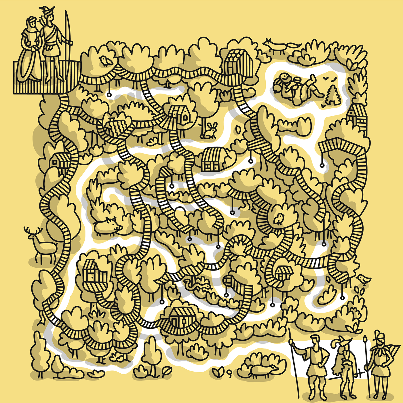 medieval maze game print children forest harbor town Castle Character