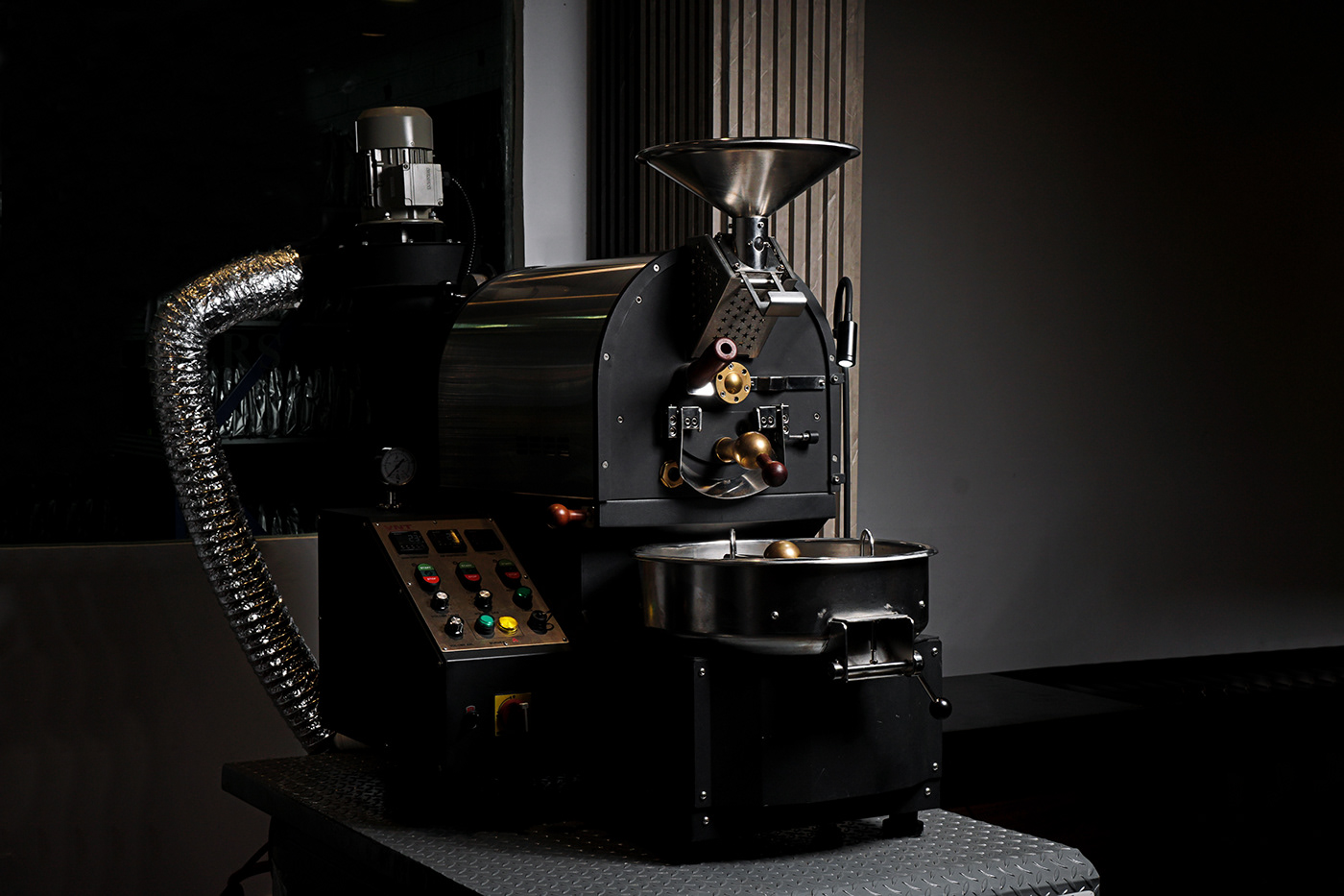 indoor Coffee roasting machine Photography  photoshoot lightroom black on black identity brand