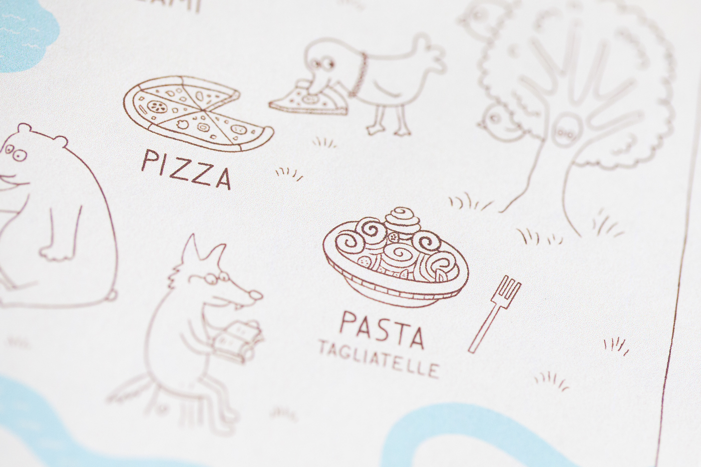 placemat menu kids child children Italy piedmont barbaresco animals Food  map cartography restaurant For Kids colouring book