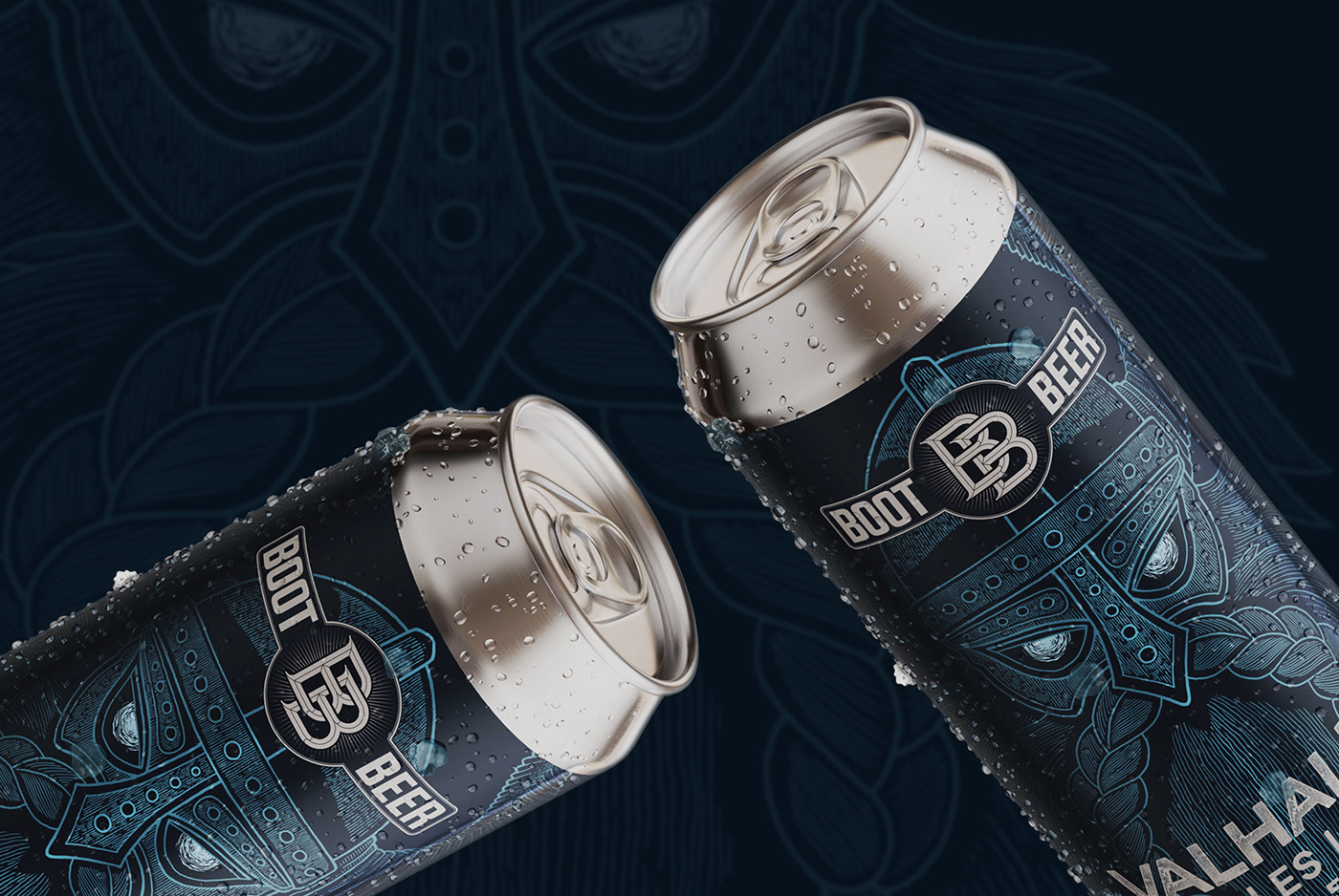 hand drawn craft beer can label design featuring a blue bearded viking face wearing a helmet