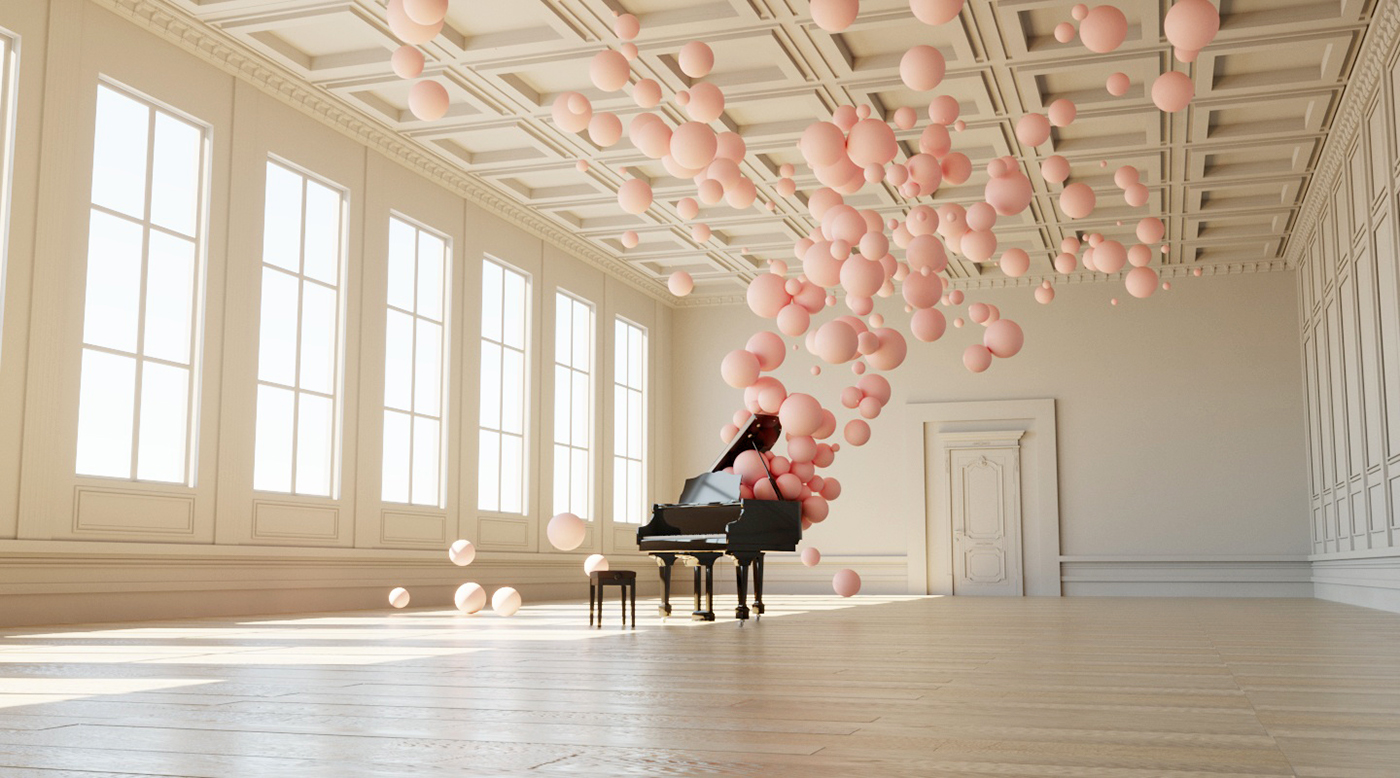 Piano balloon music set movie concept Cinema 3D design sound