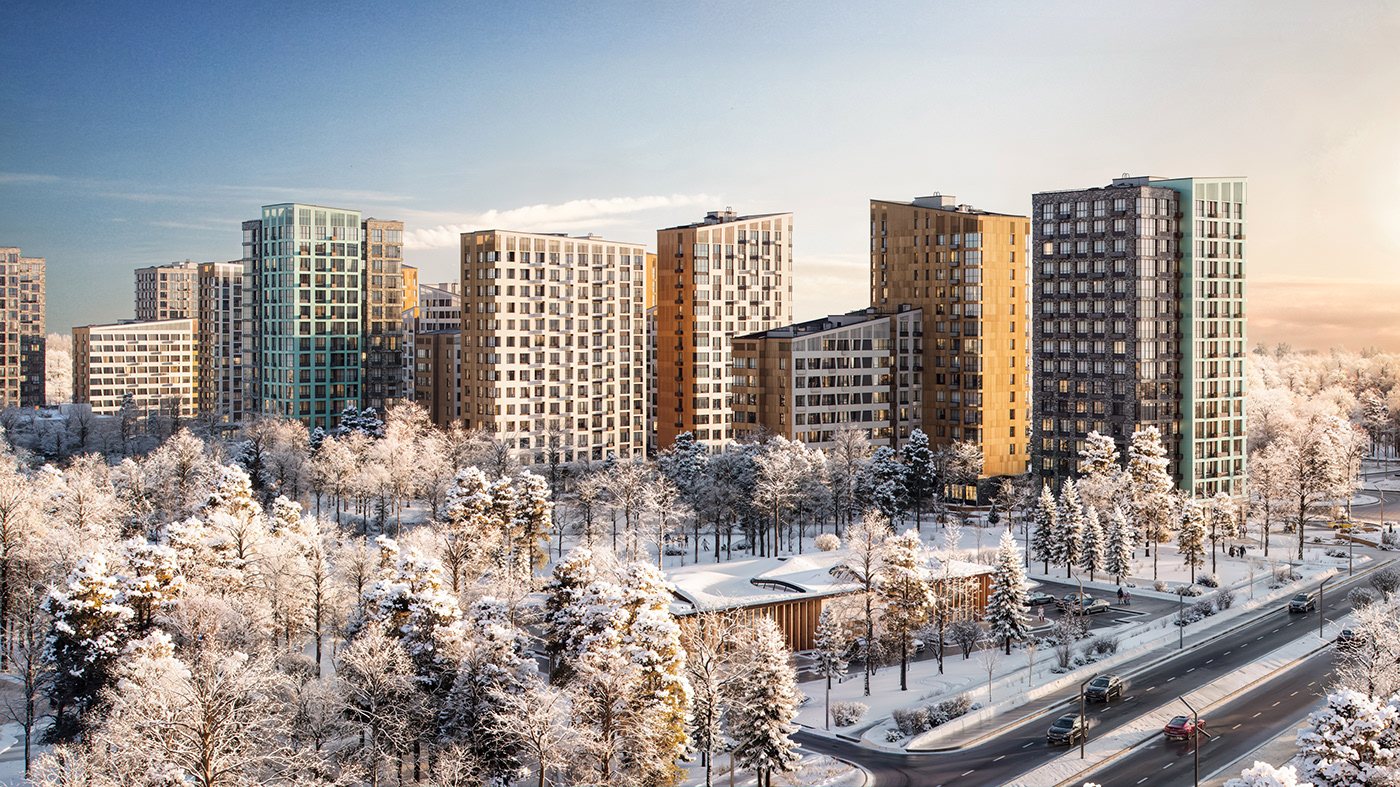 GORK Зимний экстерьерный рендер жилого района Winter exterior real estate render
