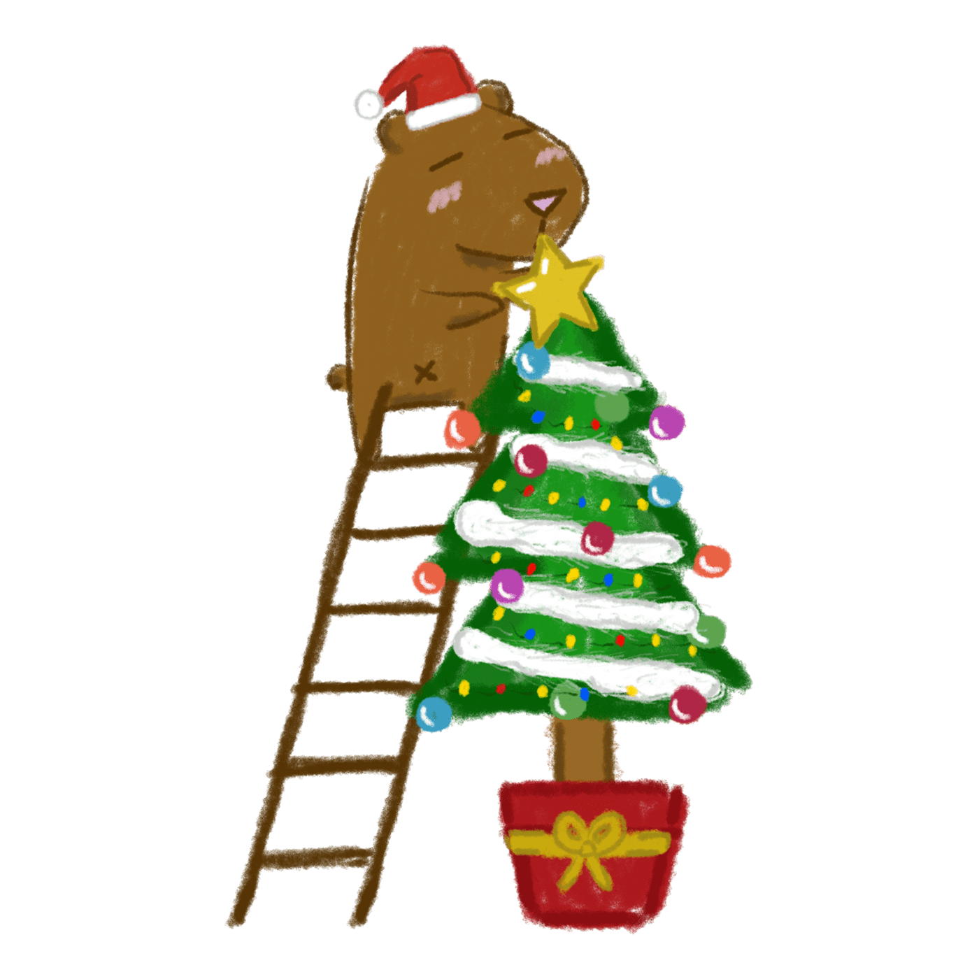 adobefresco brush capybara Christmas clean cute Digital Art  Drawing  green hat ILLUSTRATION  red santa star Tree  xmas yellow