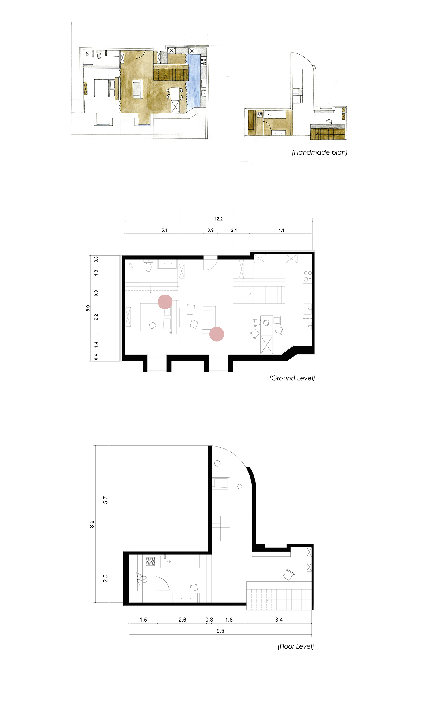Level apartment finland helsinki pastel colors couple stairs handmade drawing bathroom bedroom mock-up lighting aquarelle water ink home