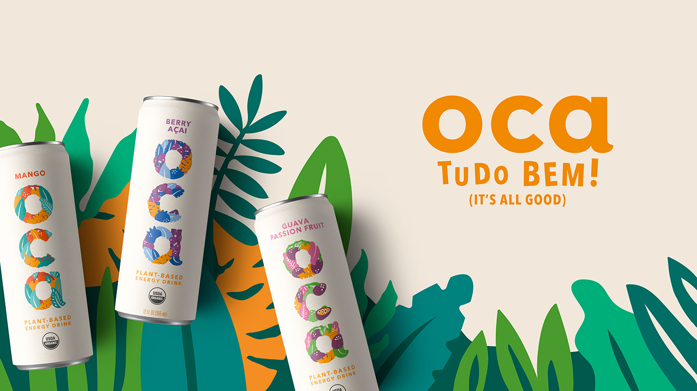 Brand Design branding  drink oca energy drink ILLUSTRATION  Illustrative Type natural natural rhythm tapioca tudo bem