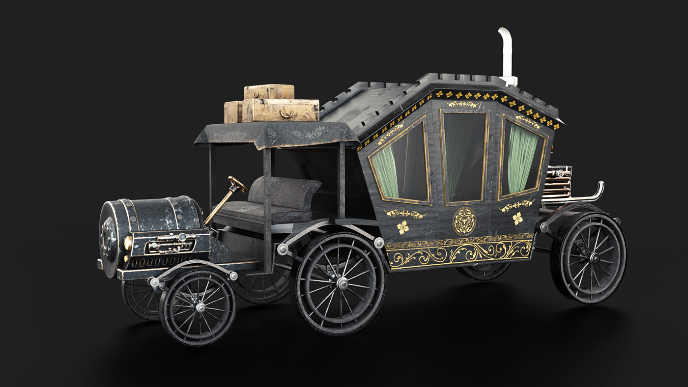 medieval fantacy STEAMPUNK concept art carriage car texturing modeling blender Victorian