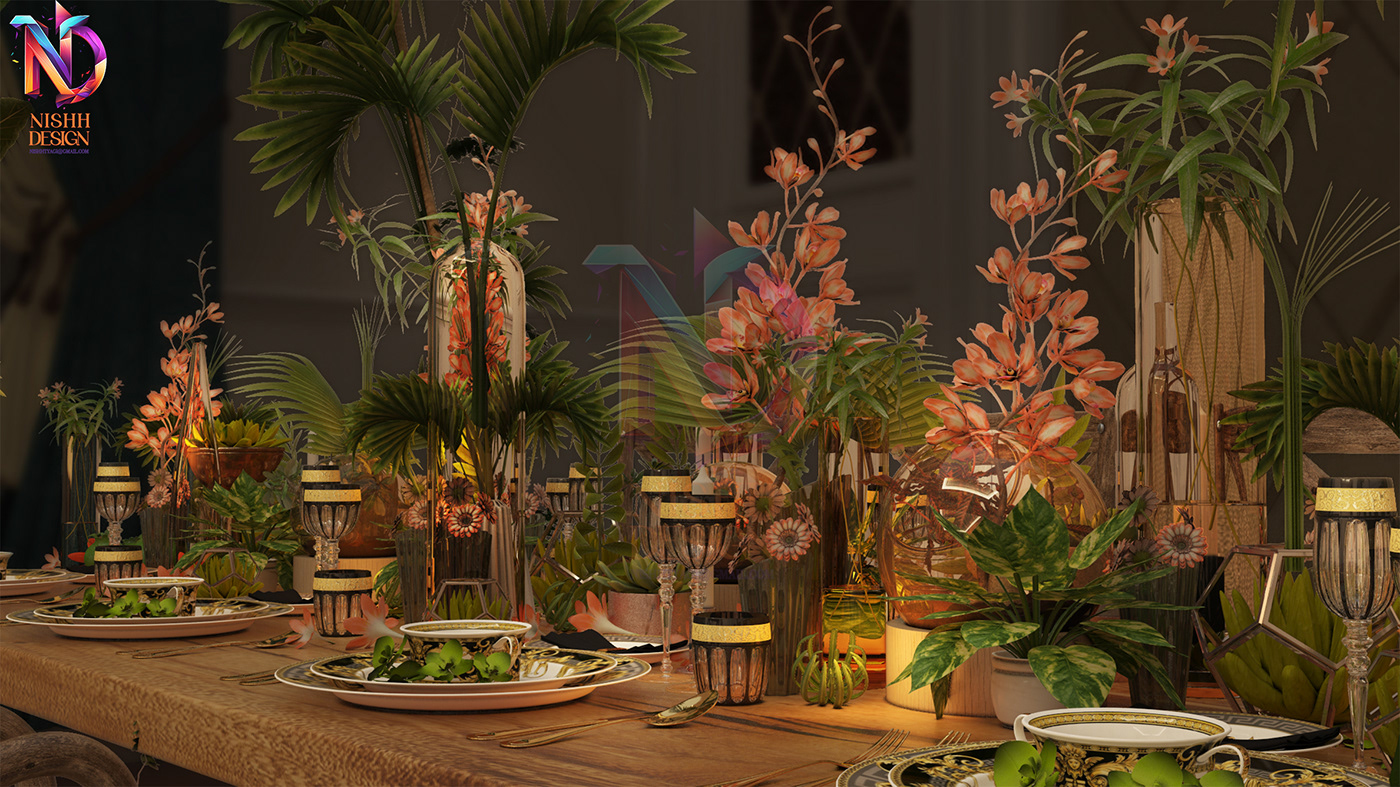 Totem Dried Flowers indian wedding Event Design Mandala Stage lounge restaurant buffet Arabic wedding