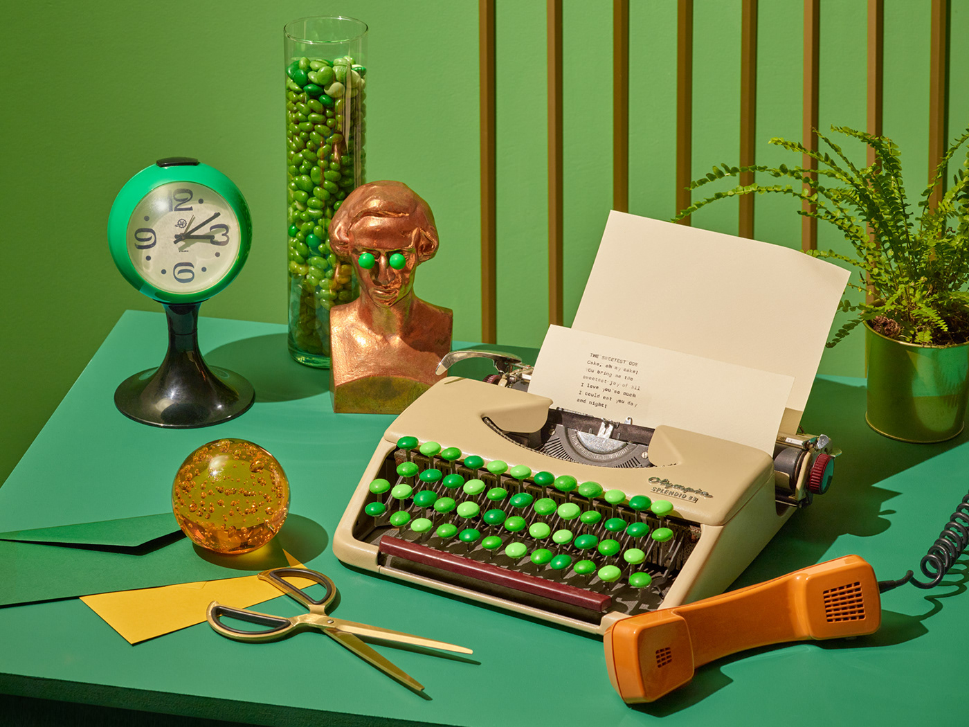 campaign Candy Food  green humor Office Retro still life typewriter vintage