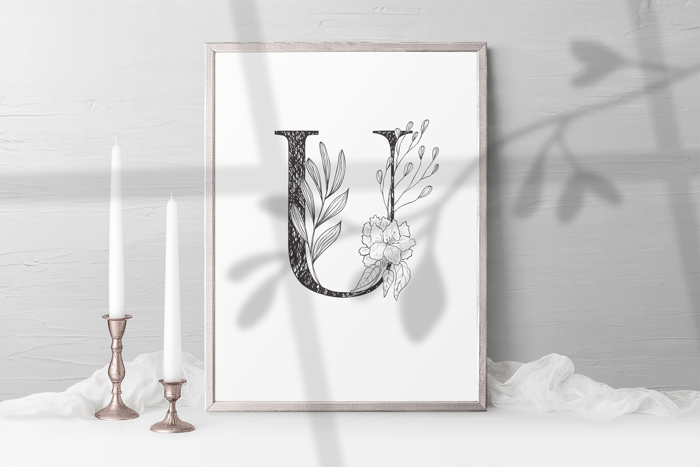 monogram Floral Alphabet Flowers logo wedding line art Vector Illustration greenery frame floral letters