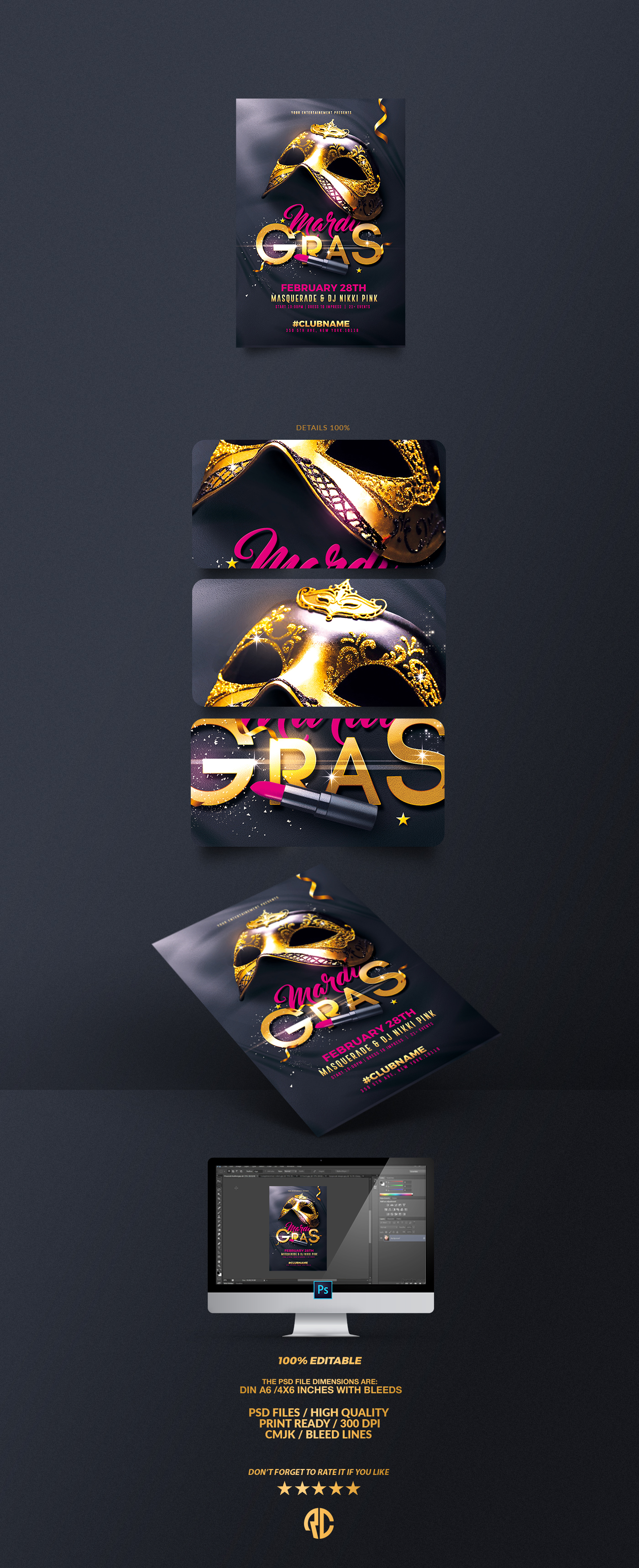 mardi gras Carnival carnival party mardis gras party flyer template postcards Invitation gold mask Flyer Party