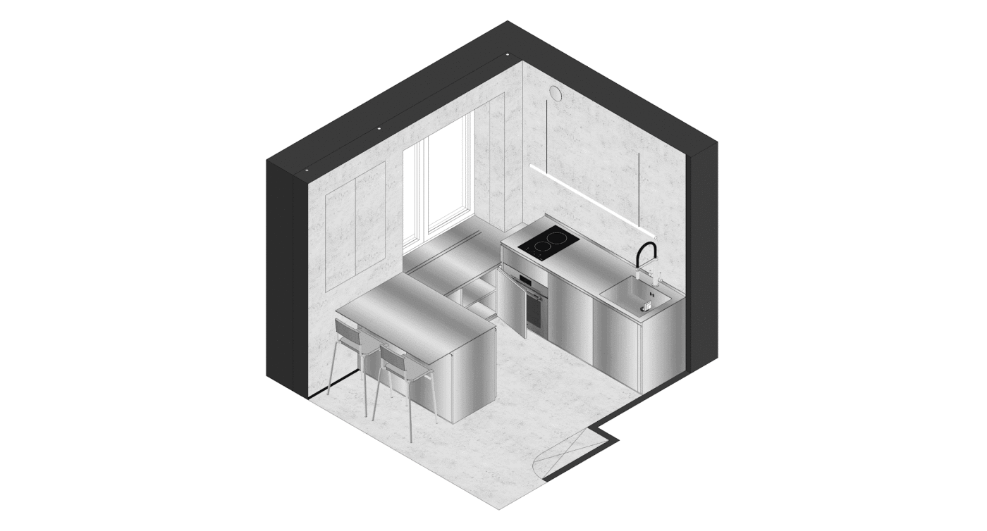 Minimalism apartment kitchen discoball furniture visualization interior design  plaster small apartment stainless steel