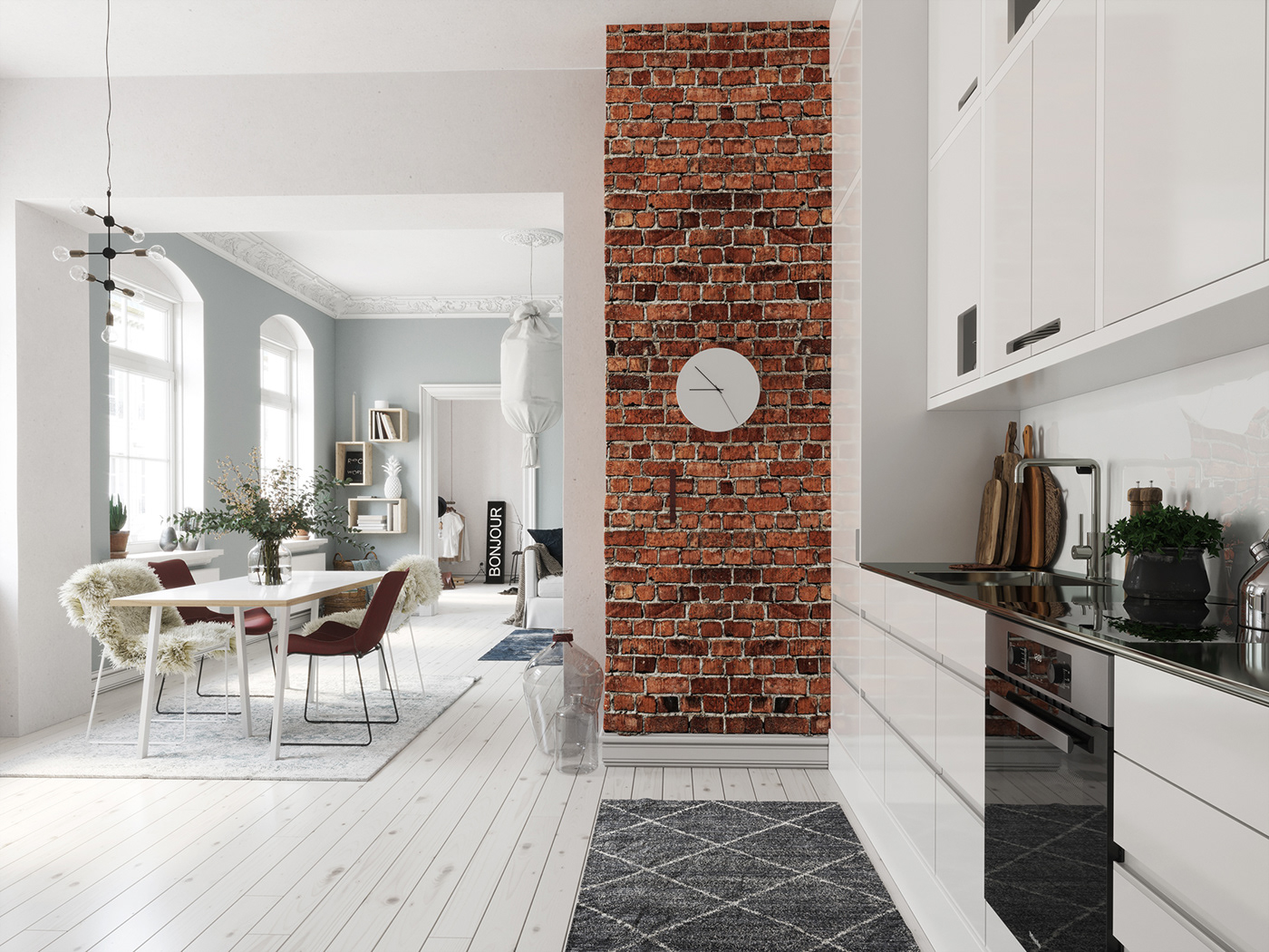 Scandinavian nordik Sweden apartment colors Interior design 3D visualization CGI