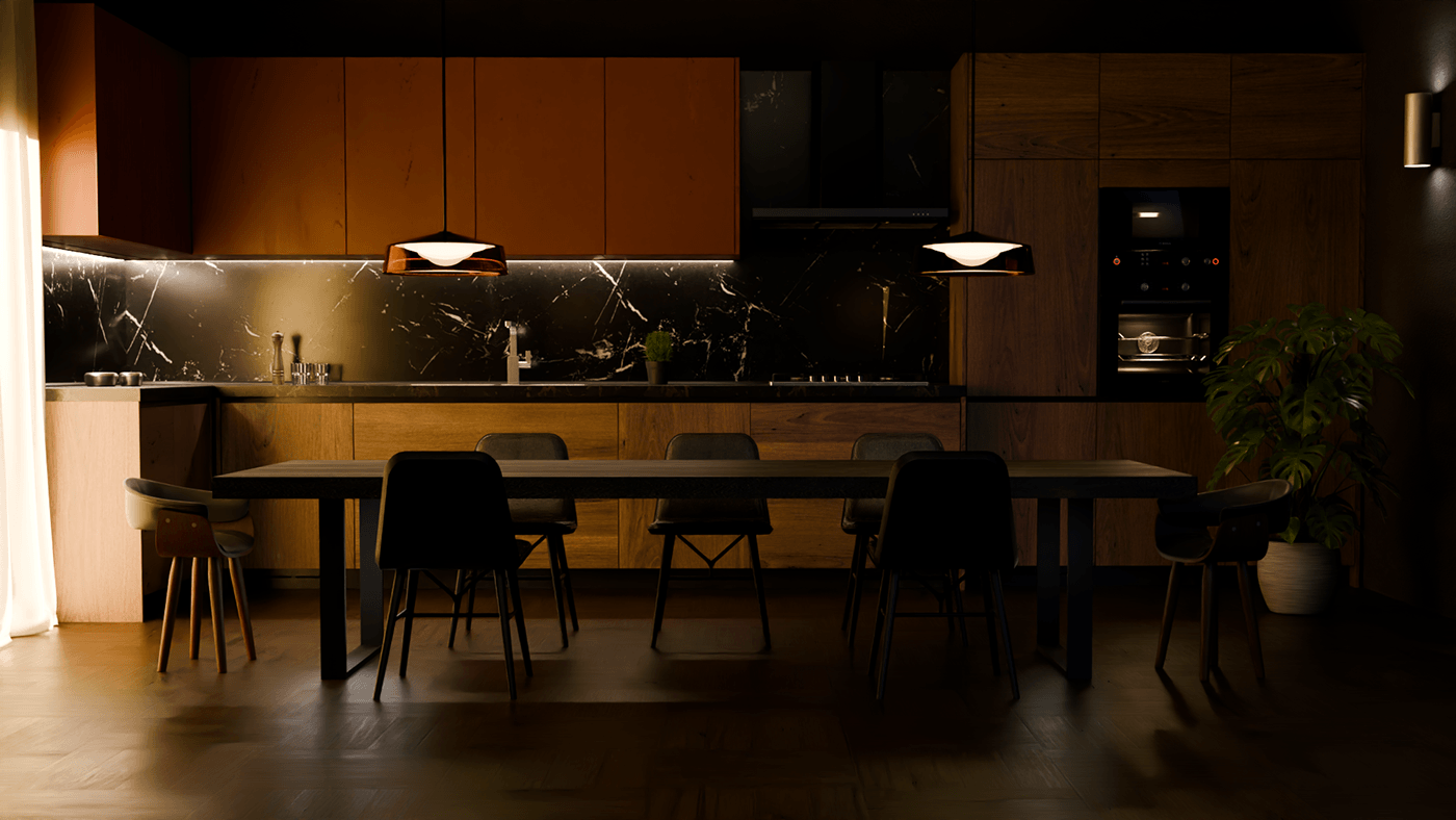 bledner visualization 3D modeling kitchen dark interrior
