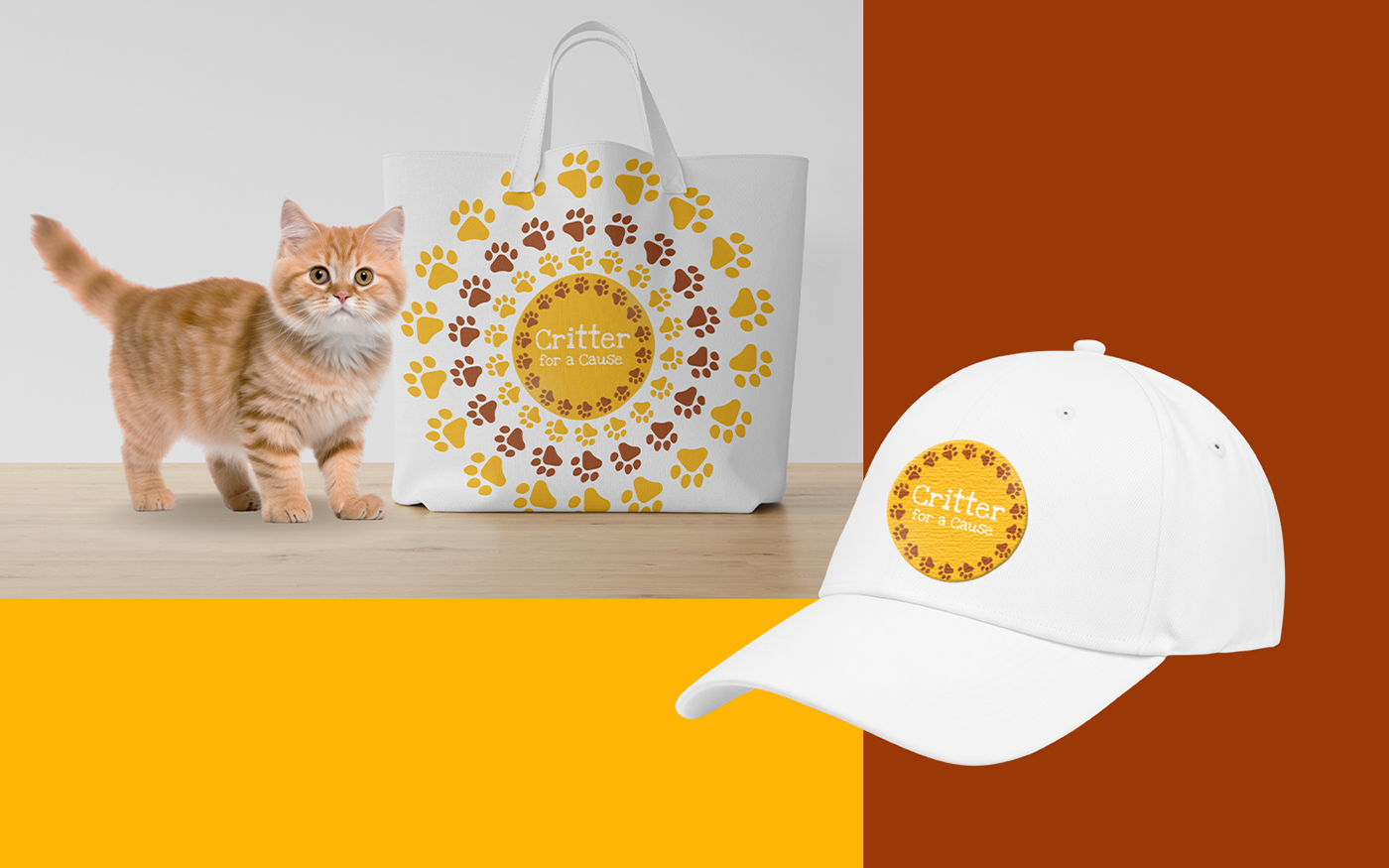 cat next to Critter for a Cause tote bag and baseball hat