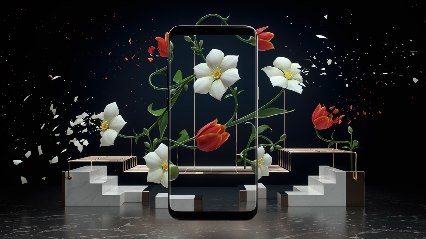 art direction  3D still life Nature Style Frame CGI Flowers design art smartphone