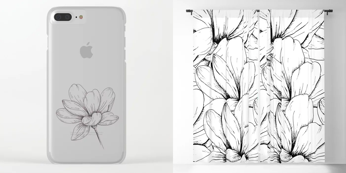 flower sketch Isolated hand drawn black and white print romantic blossom pretty wedding