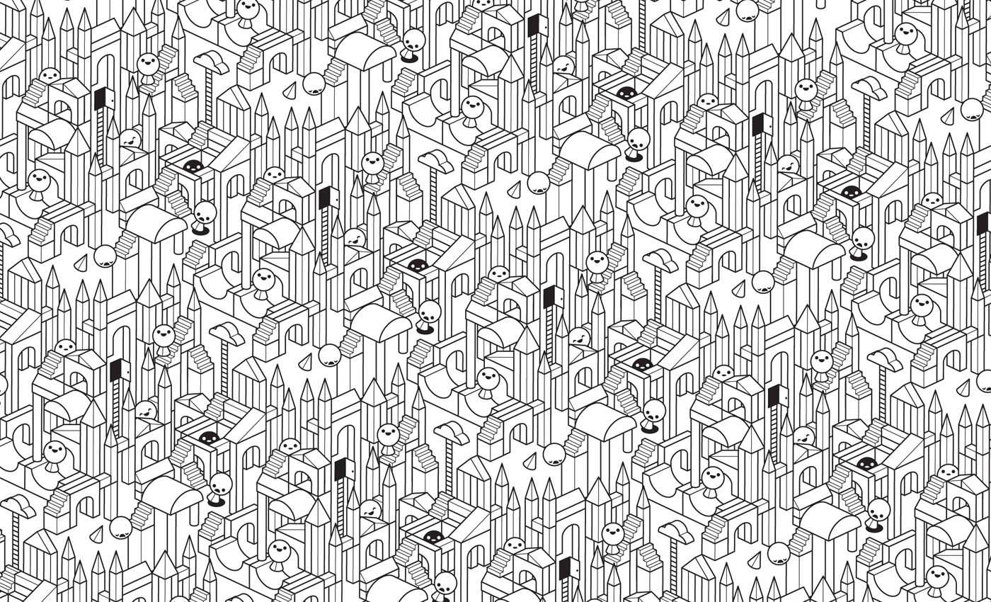 Isometric screenprint black and white pattern print cityscapes Landscape characters