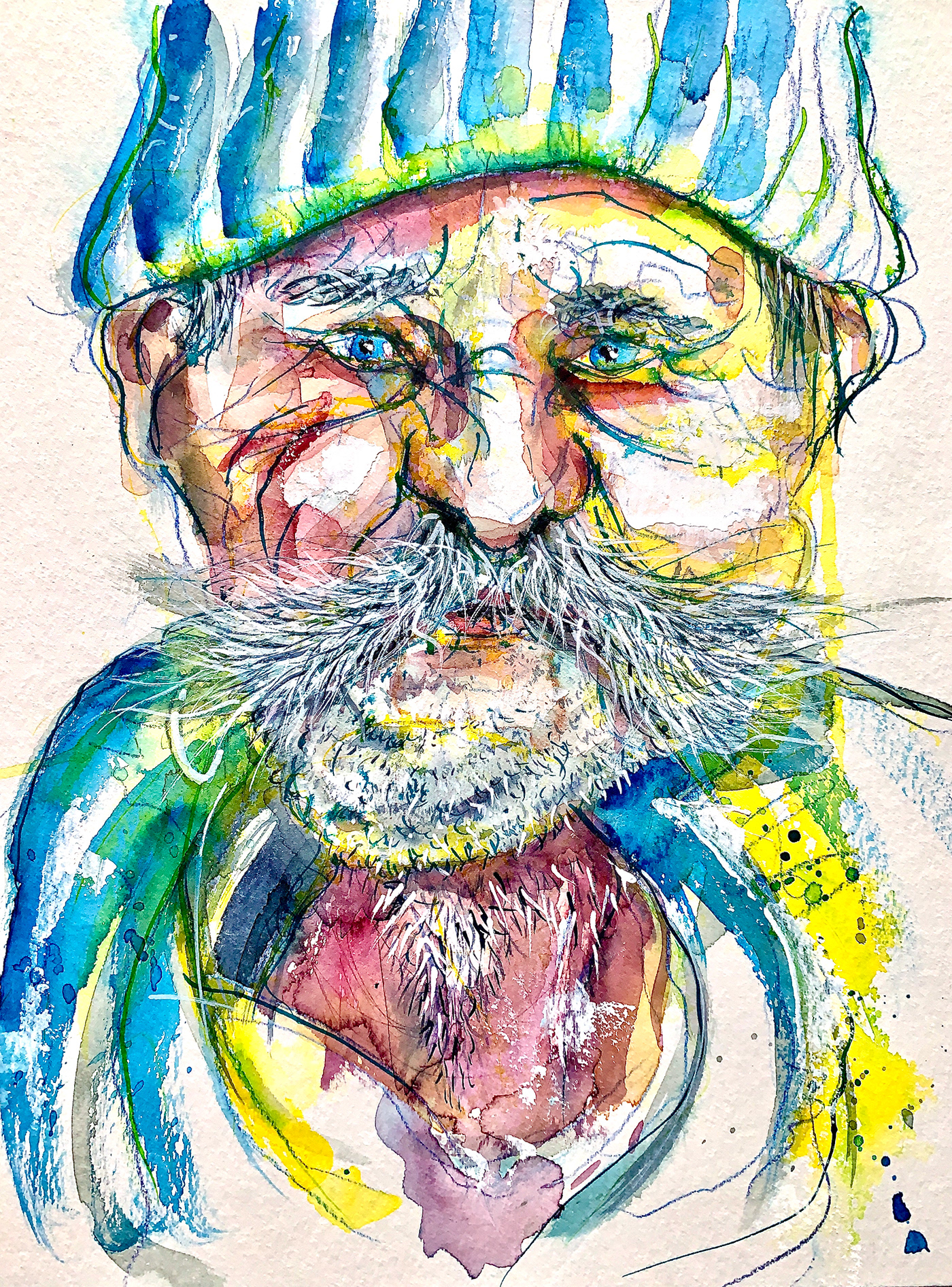 Watercolor portrait of a man with woolen cap. Very roughly drawn.