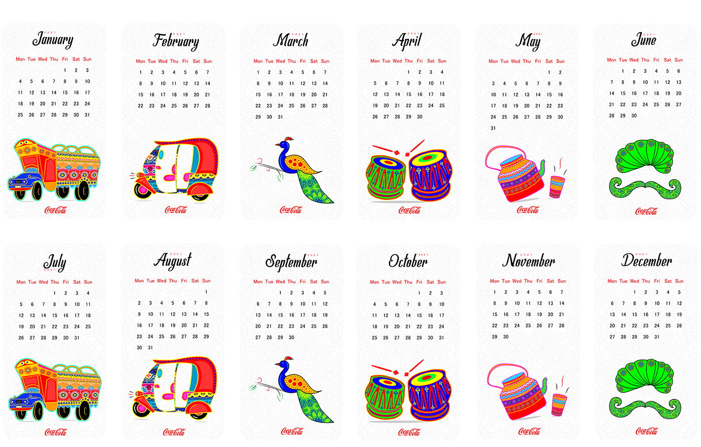 A Calendar design for a company Coca Cola.
Theme Pakistan 
Calendar for 2021
Art type illustrated
