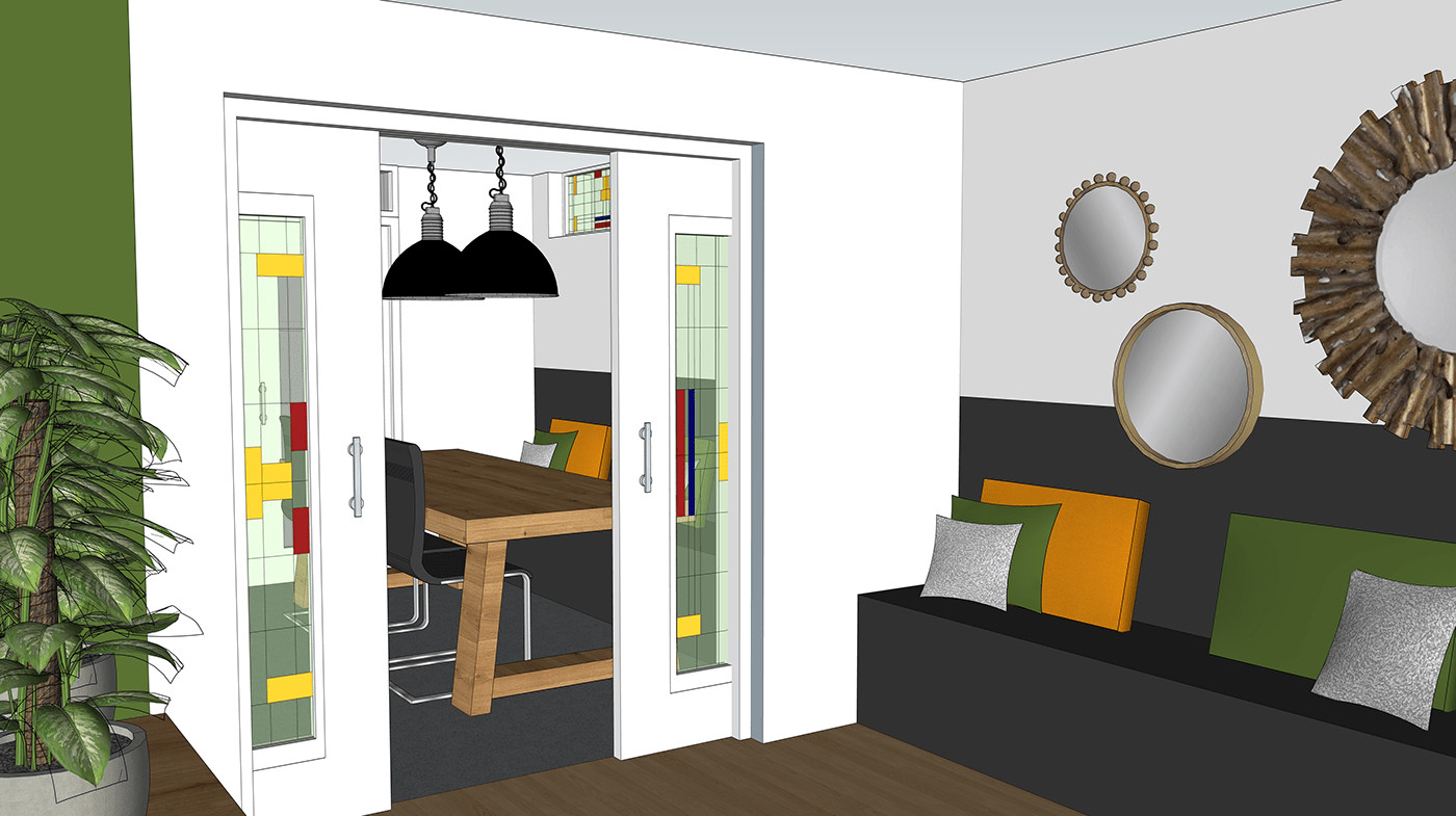 black shutters Emerald Green interior design  sketchup pro stained glass steel doors