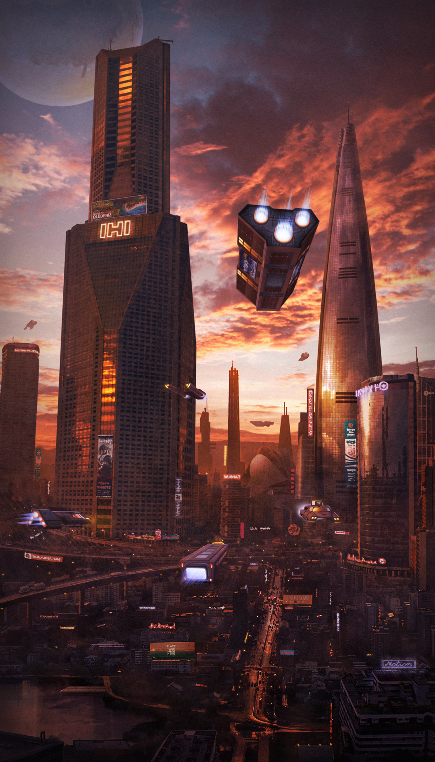 sci-fi planet future city environment concept skyscraper sunset