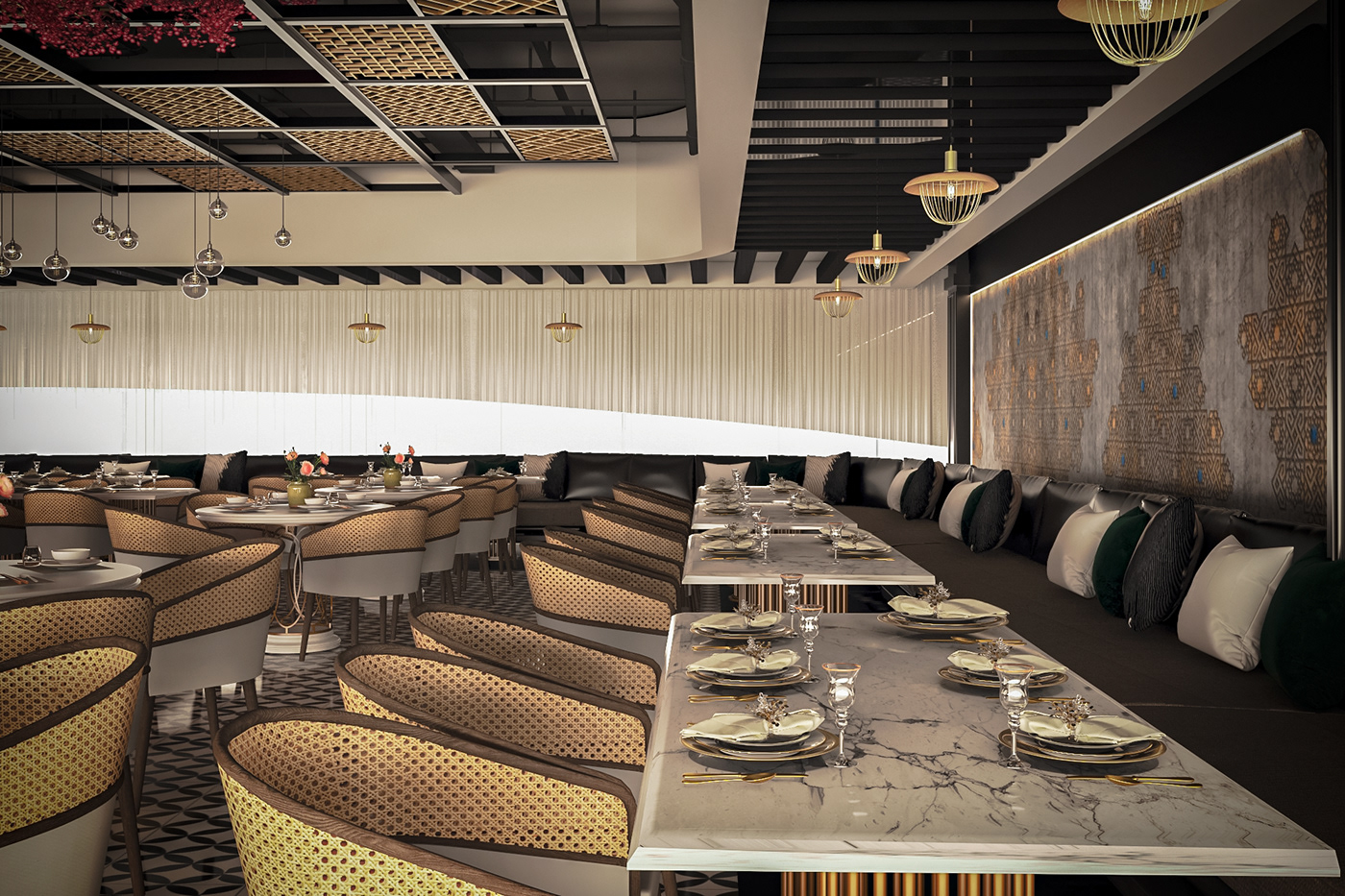 3D 3ds max architecture black boat gold interior design  nile restaurant vray