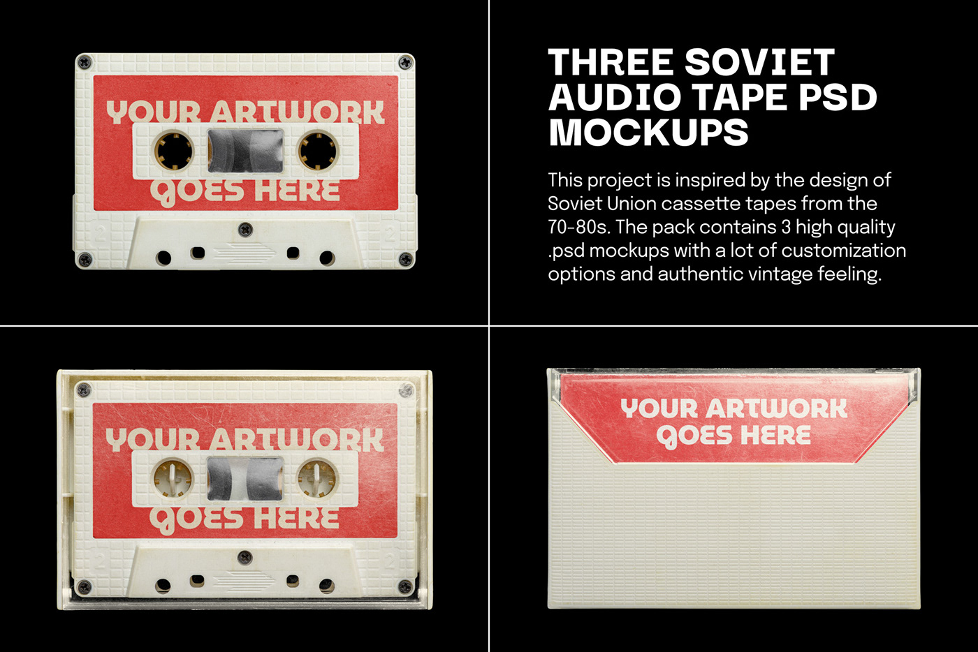 3 cassette tape .psd mockups with a lot of customization options and authentic vintage feeling