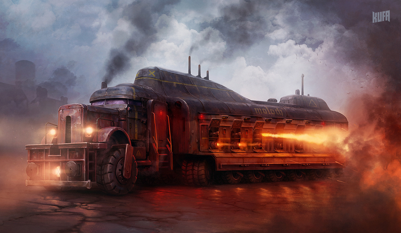 conceptart design dieselpunk DigitalPaint fire industrial post-apocaliptic Scifi Truck Vehicle
