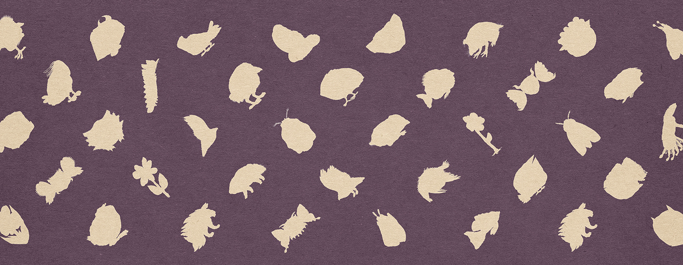 A seamless pattern on a purple background illustrates a series of light yellow bizarre creatures.