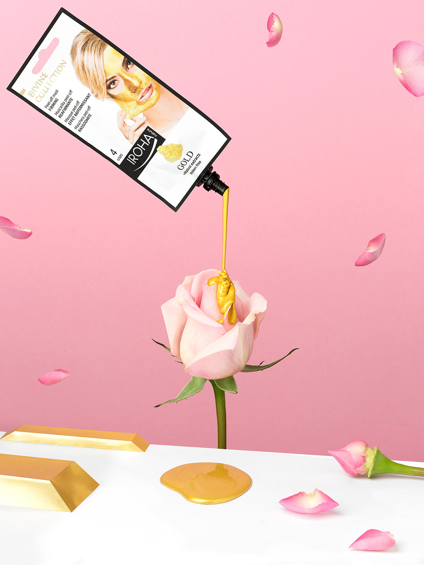 Colorful & playful advertising campaign: Golden peel off mask pouring over a rose