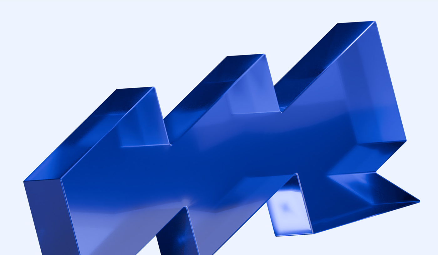 Estrutura de formas geométricas azuis entrelaçadas, sugerindo movimento e tridimensionalidade.