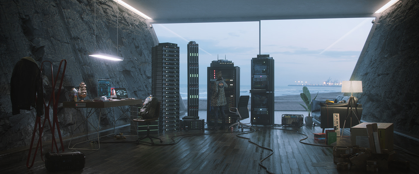 architecture CGI cinematographic device environment futuristic hacker room Scifi server