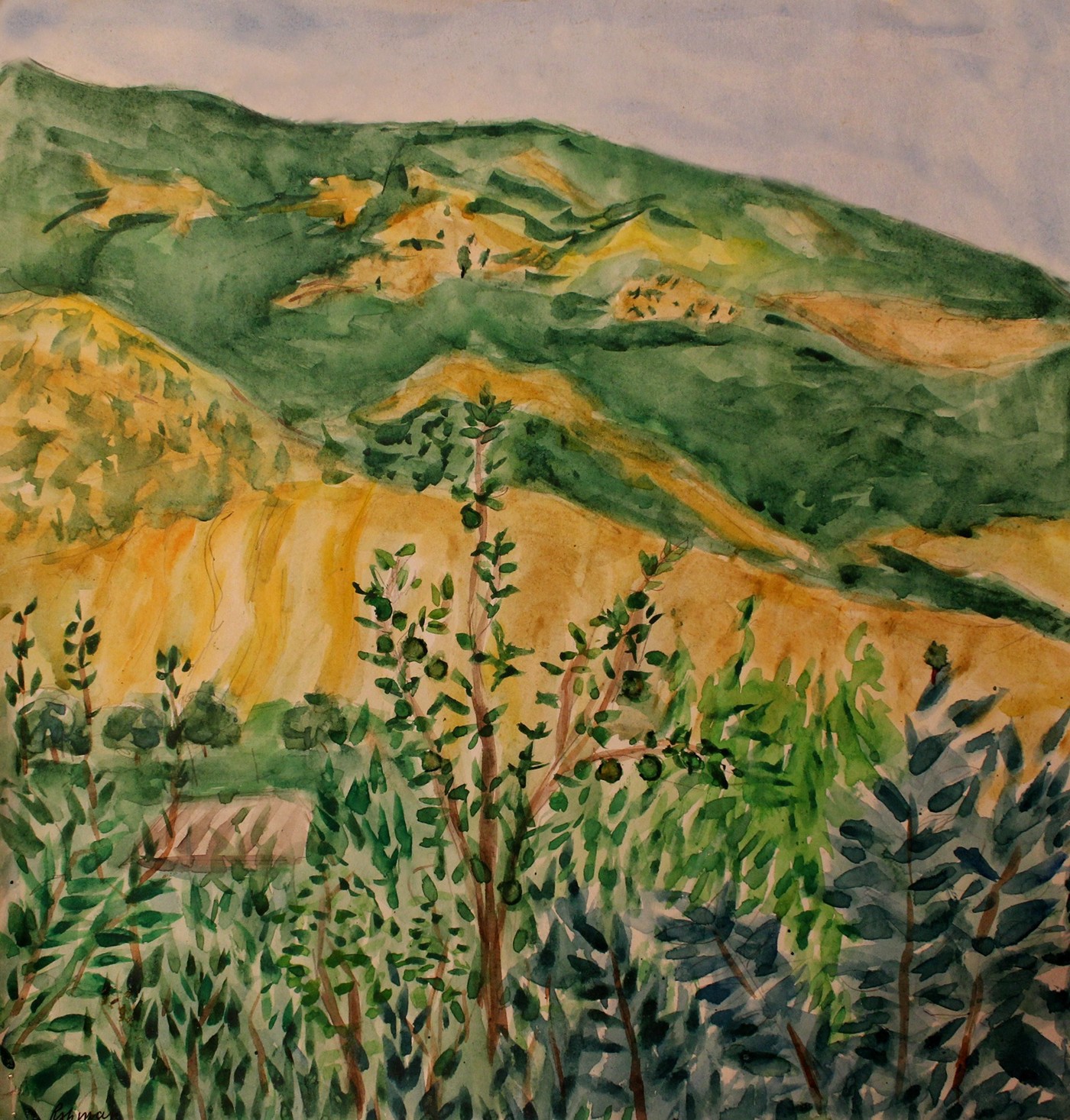 cardboard paper water color oil color felt pen color Landscape sketch village