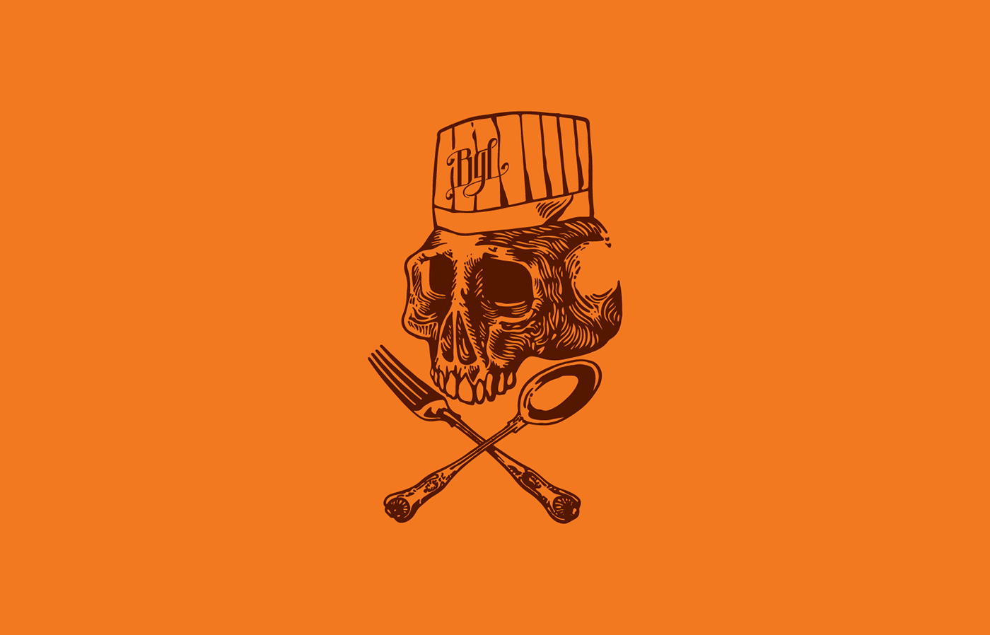 Adobe Portfolio restaurant rock skull orange brown chef kitchen funny fish t-shirt knife cozinha peixe caveira monograma