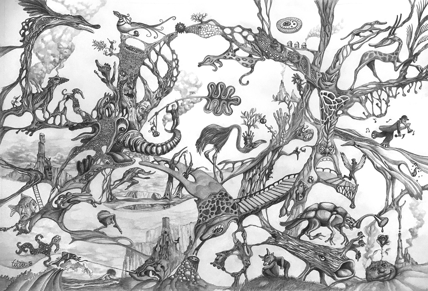crayon dessin fantastique ILLUSTRATION  imaginaire paysage surrealiste animaux imaginaires Dessin au crayon paysage imaginaire