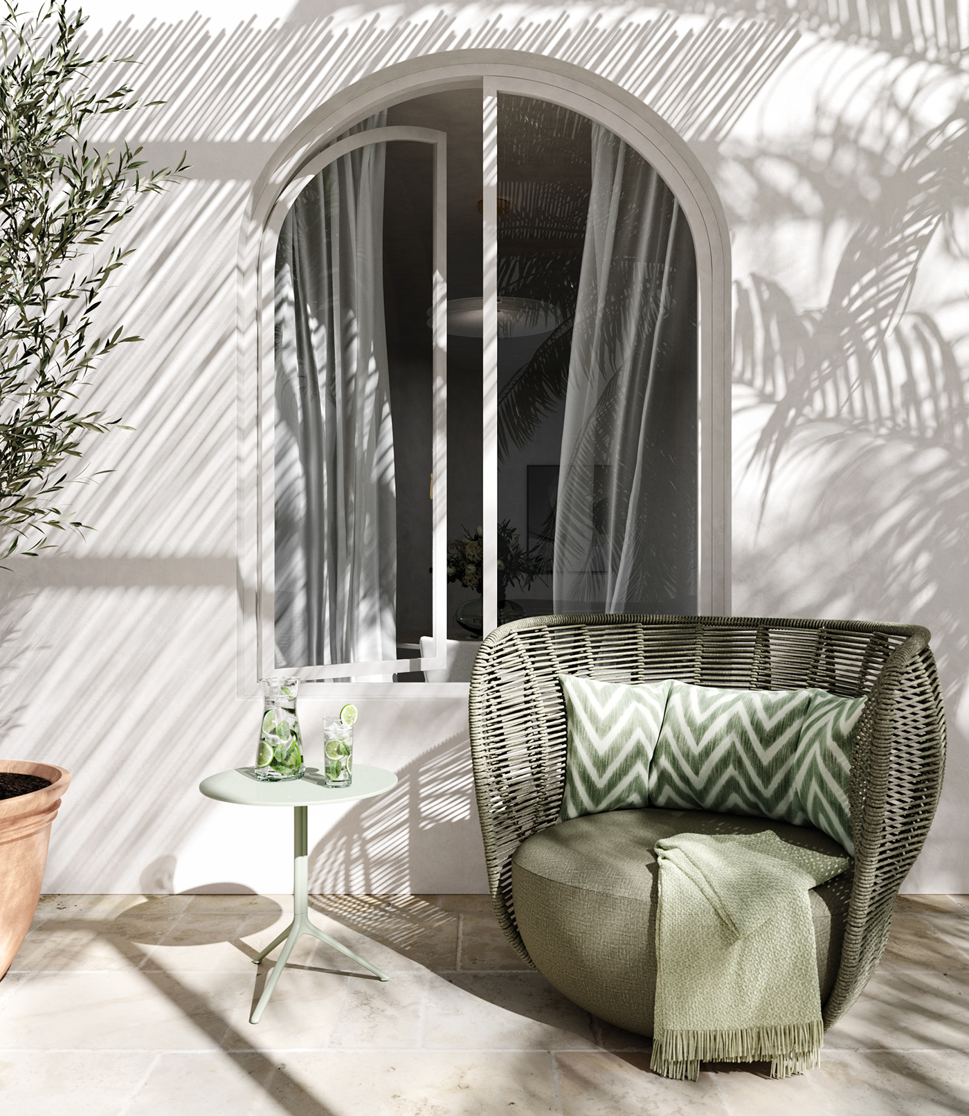 3D architecture CGI interior design  mallorca mideterranean Villa visualizer white interior green