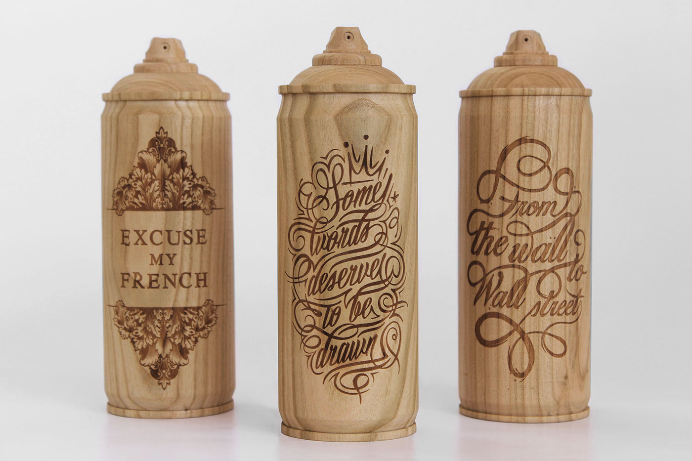 malet zics London wood wooden spray cans carving laser engraving excuse my french gift design decoration Interior art toy bois