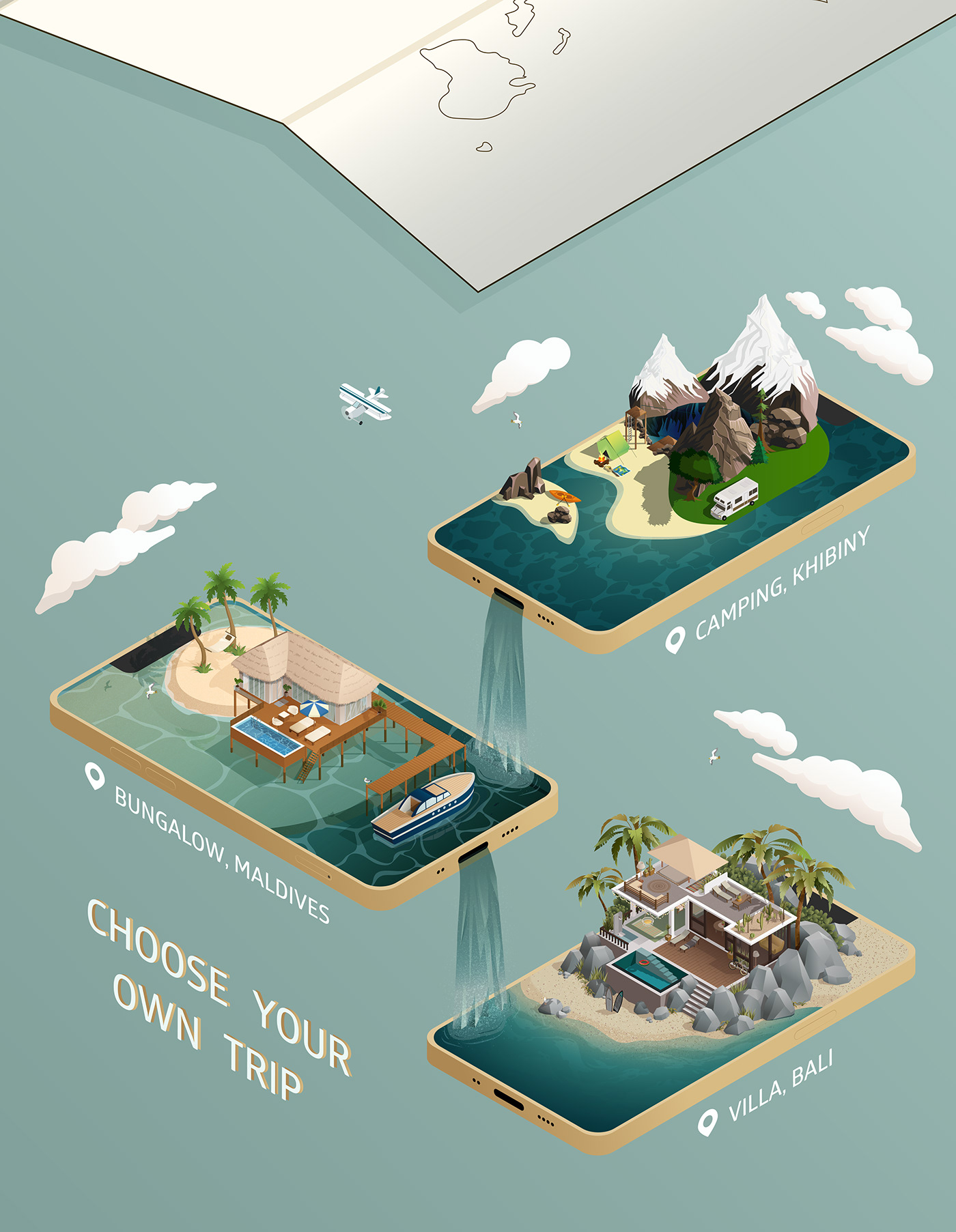 Vector Illustration Application Design ILLUSTRATION  Isometric mountains sea tourism Travel vacation Website Design