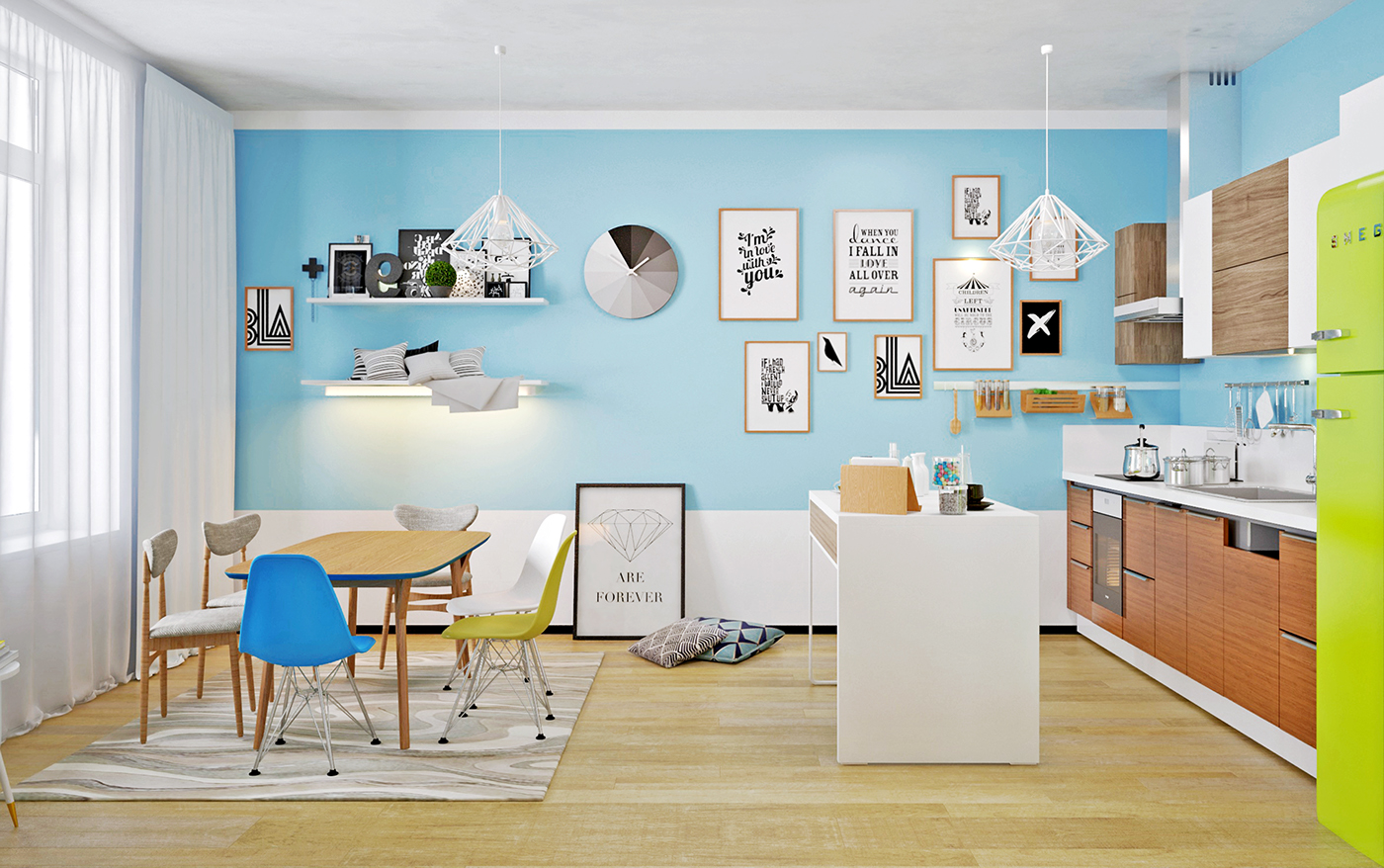 Scandinavian vray modern contemporary blue White ikea bo concept B&B visualisation nordic Minimalism Interior living room bedroom