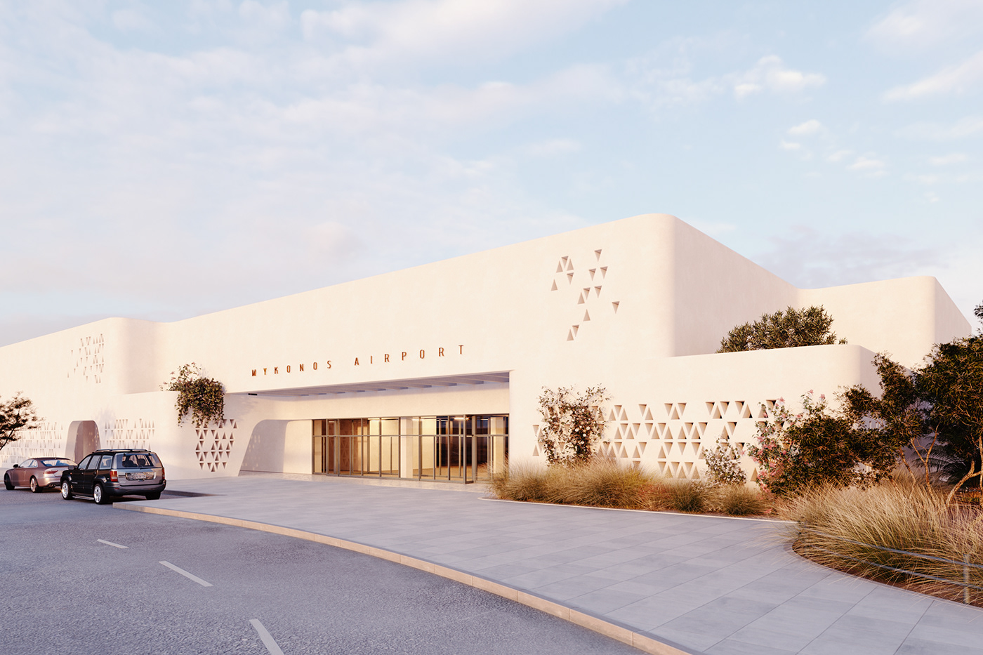 Mykonos airport JMK architecture cyclades whiteness PEGIONHOUSES STUDIOTAF K-STUDIO facade