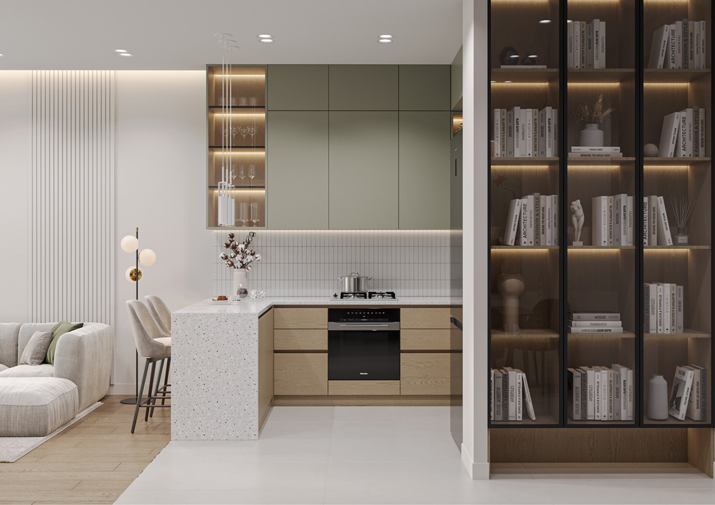 modern studio minimalist green wooden interior design  visualization Render