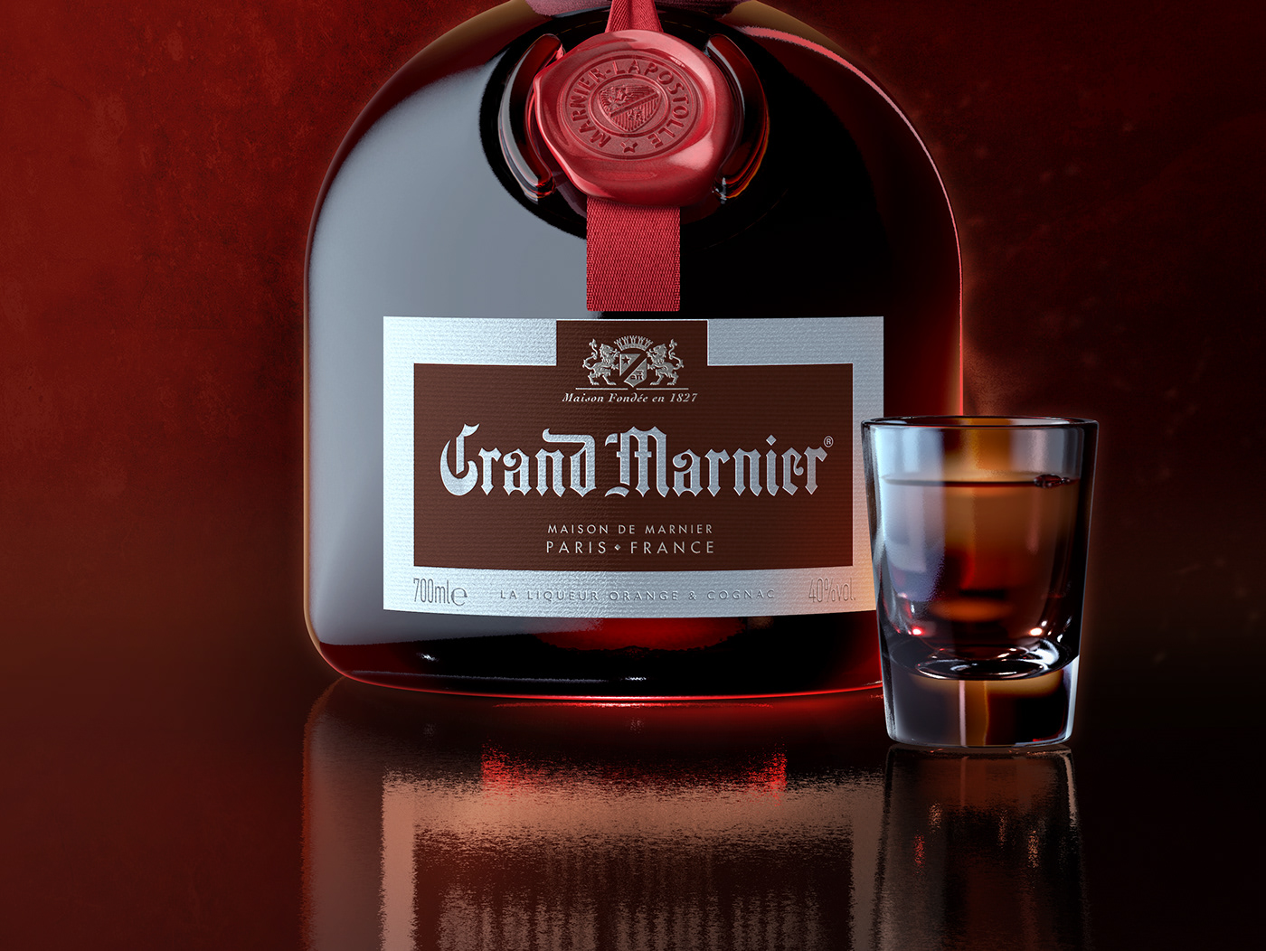 3D bottle CGI glass Grand Marnier liqueurs orange ribbon wax