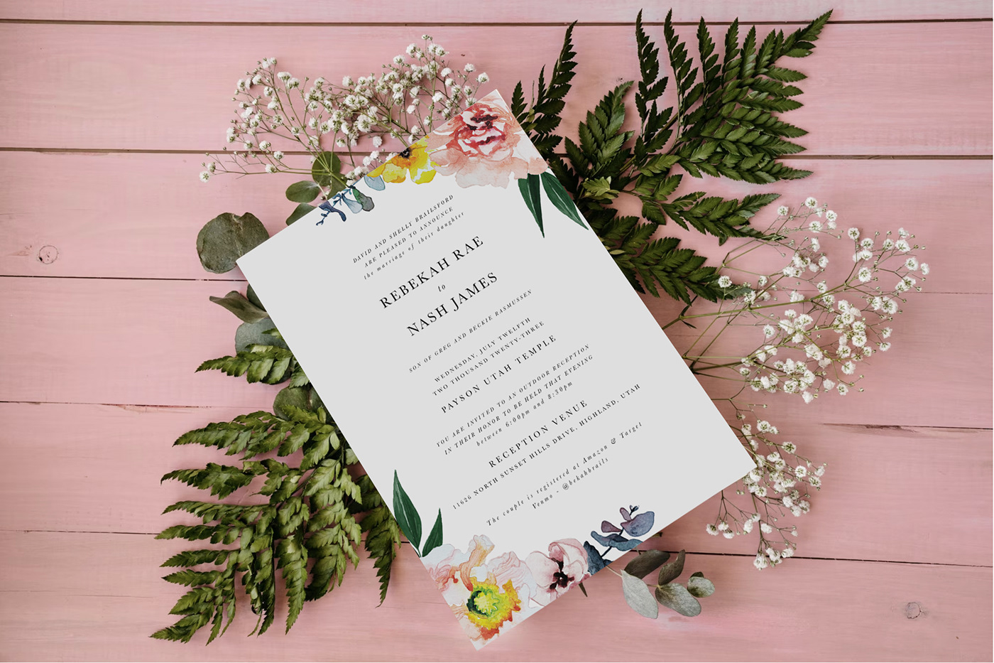 wedding invites Flowers watercolor design pink