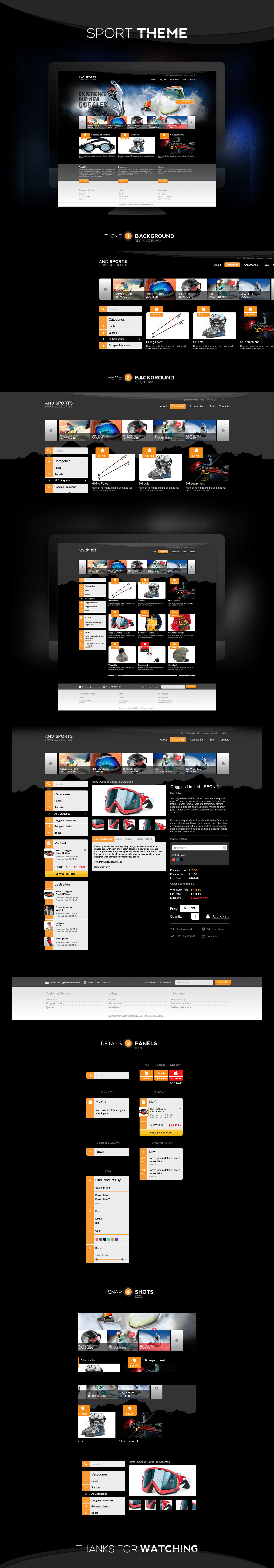 dark black skin Theme e-commerce Website sport goggles Ski snowboard mountains products orange price