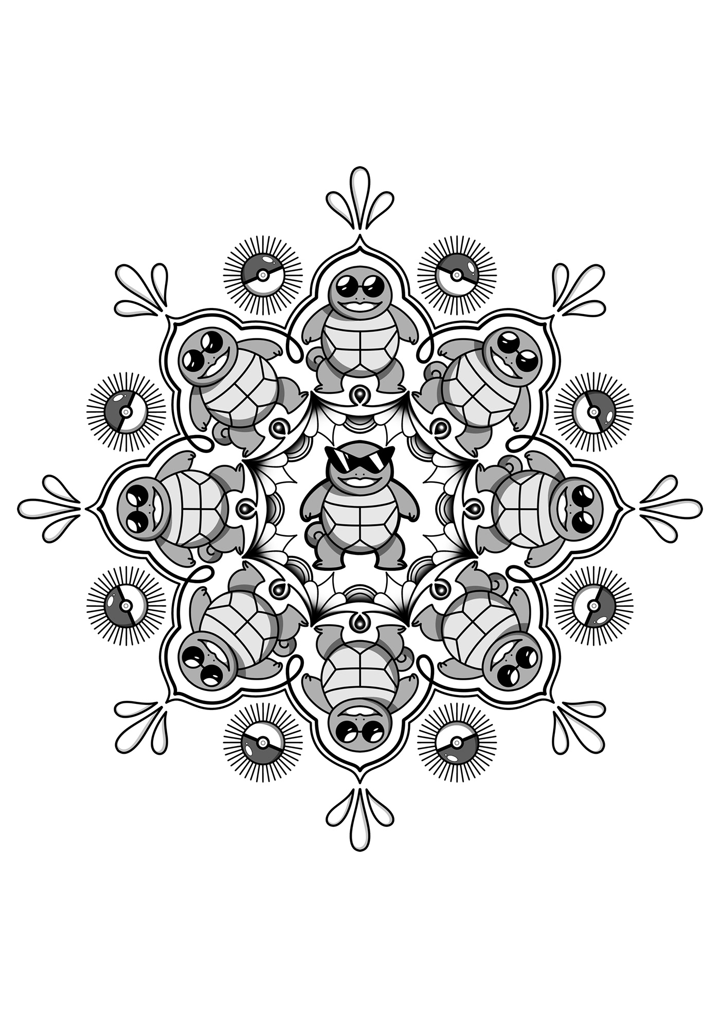 digital design art tattoo ILLUSTRATION  monochrome flower symmetry eye creepy Squirtle Mandala Flames tshirt ornamental