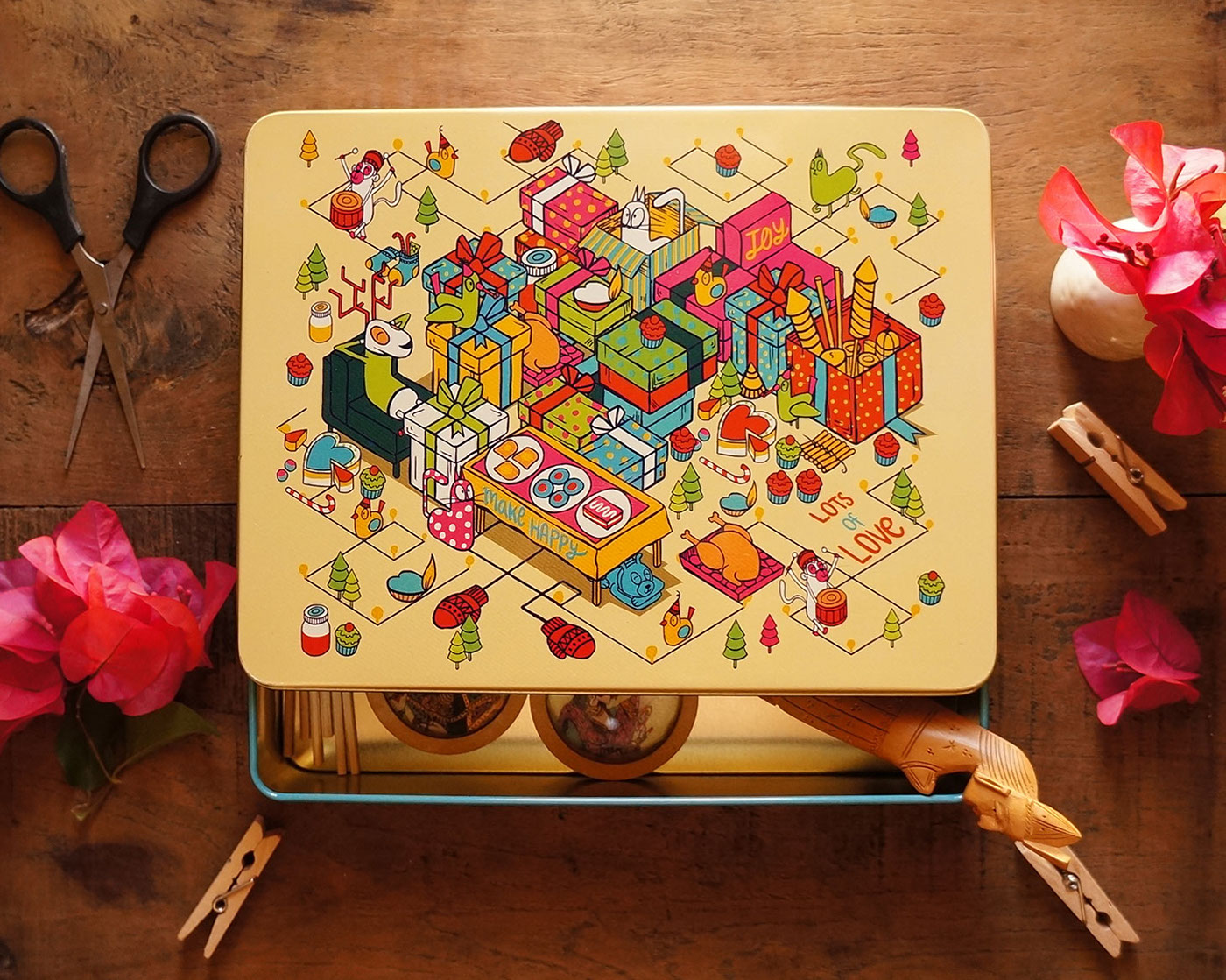 Chumbak bangalore product storage tin celebration happy sketch design sketchy Colourful  doodles