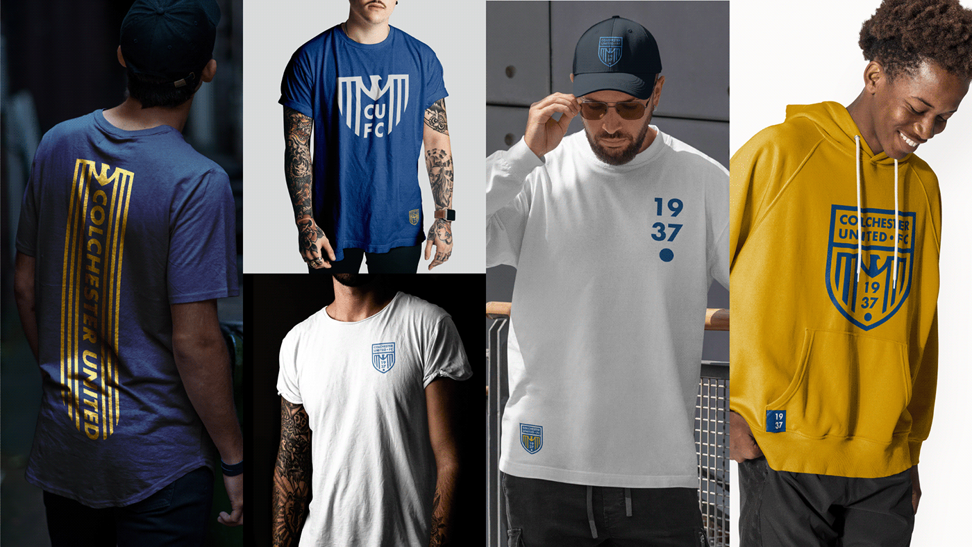 Branded clothing and apparel with the new Colchester United branding applied