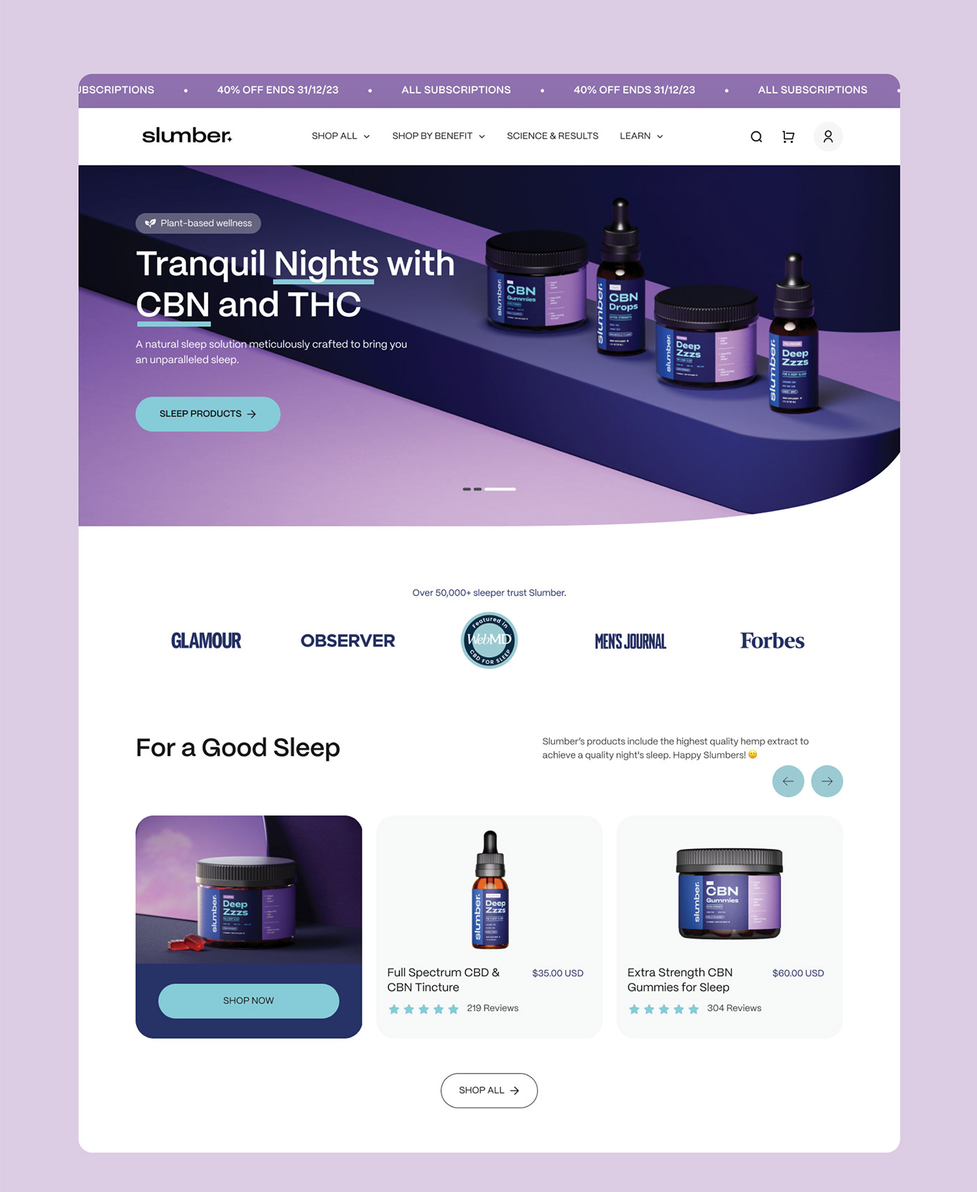 slumber sleep night CBD Health Web Design  Website ui design branding  CBN