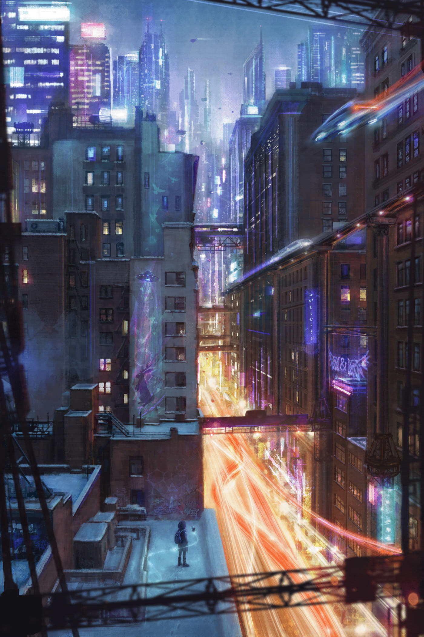cityscape concept art Cyberpunk future city futuristic Megapolis neon lights sci-fi science fiction Urban