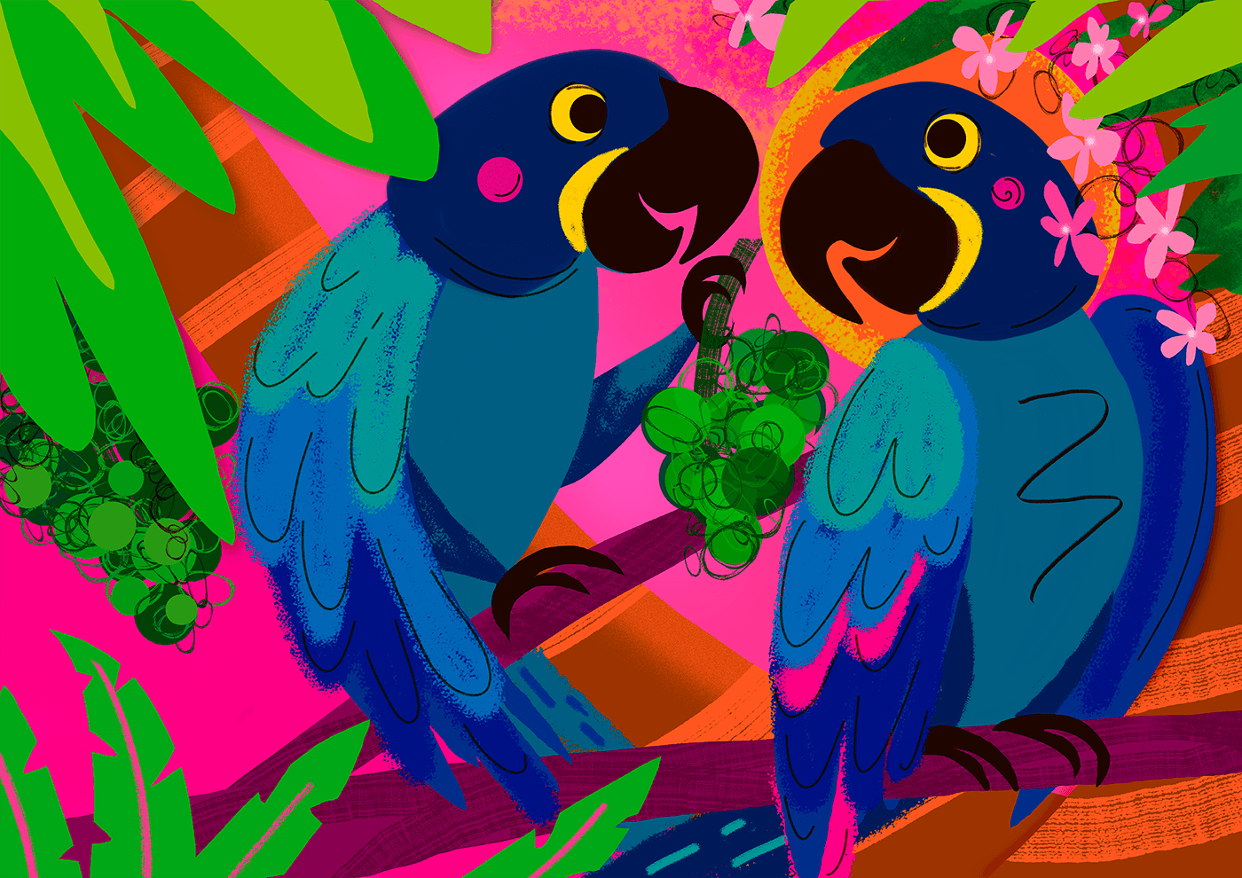 Cheerful and tropical illustration with a couple of blue macaws.